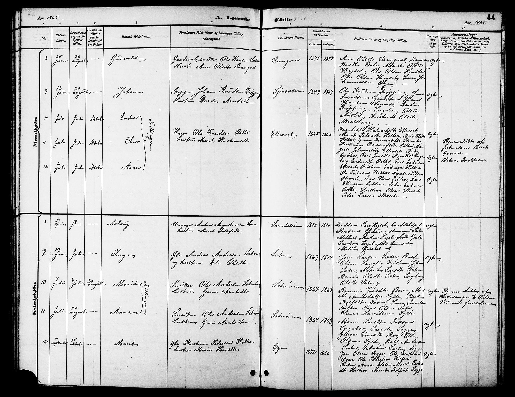 Ministerialprotokoller, klokkerbøker og fødselsregistre - Møre og Romsdal, AV/SAT-A-1454/596/L1058: Parish register (copy) no. 596C01, 1891-1907, p. 44