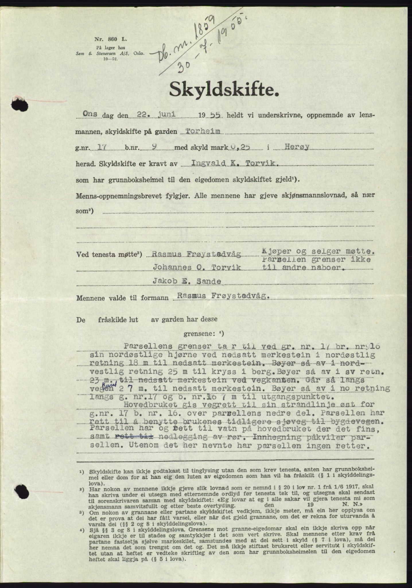 Søre Sunnmøre sorenskriveri, AV/SAT-A-4122/1/2/2C/L0101: Mortgage book no. 27A, 1955-1955, Diary no: : 1859/1955