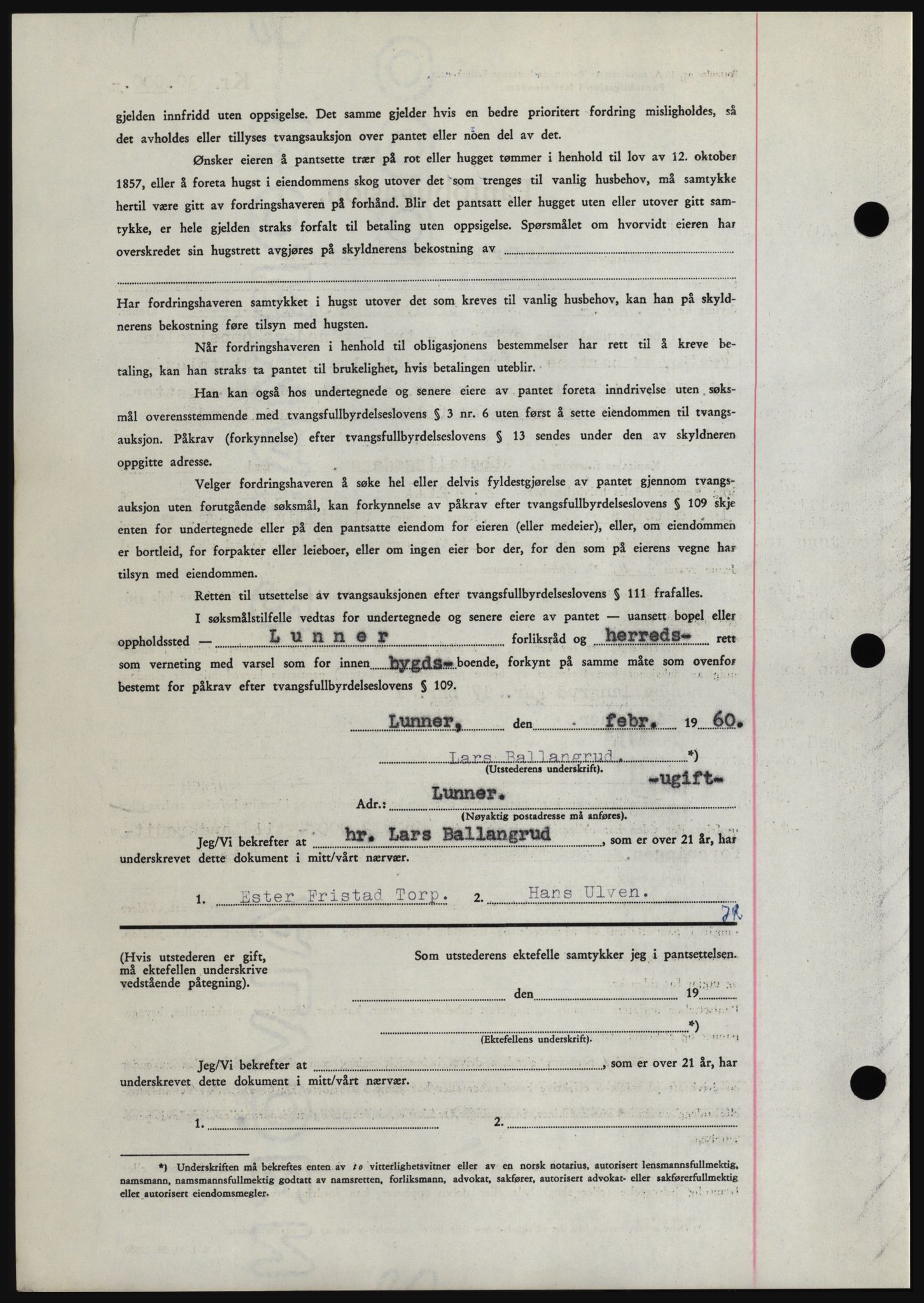 Hadeland og Land tingrett, SAH/TING-010/H/Hb/Hbc/L0043: Mortgage book no. B43, 1960-1960, Diary no: : 1799/1960