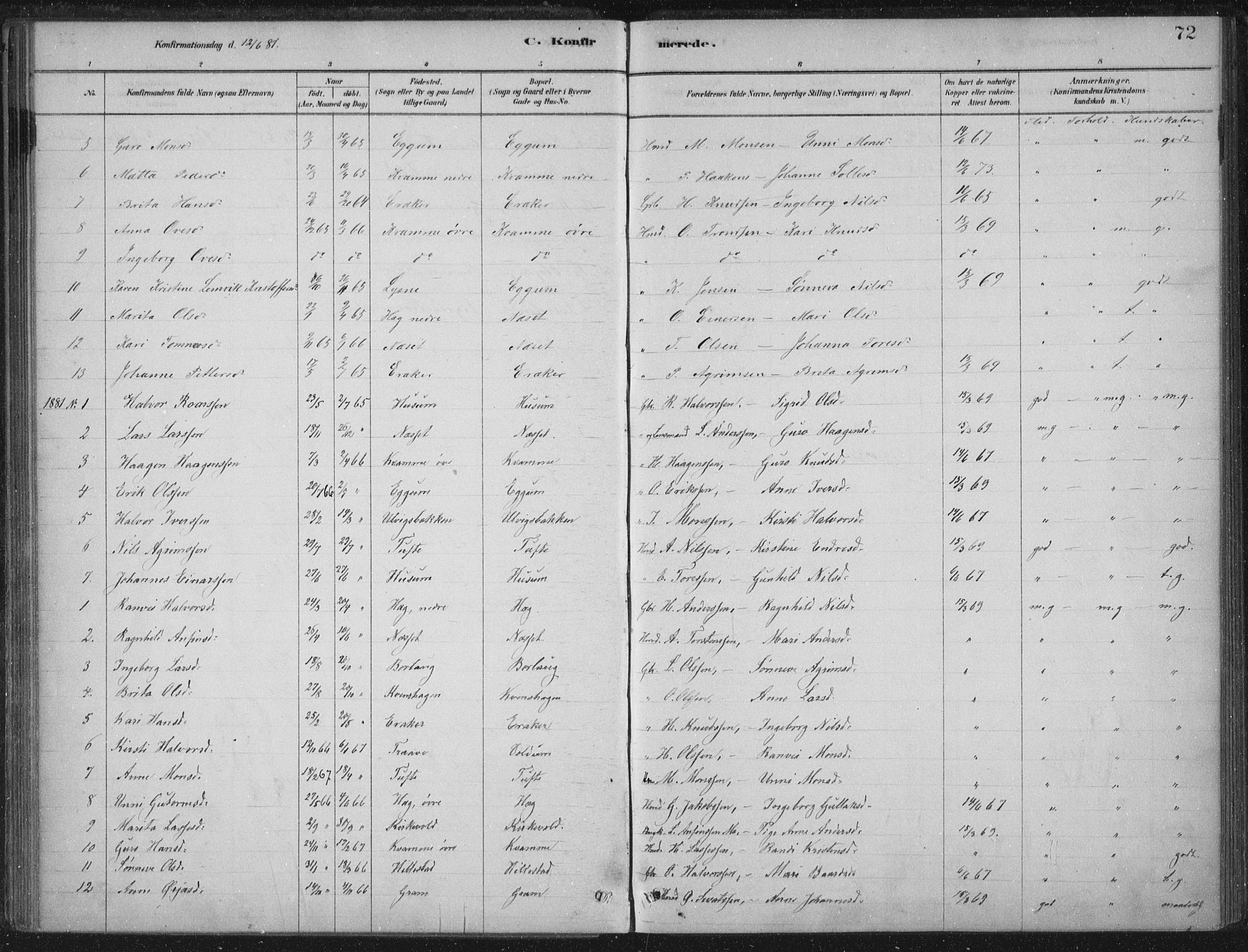 Lærdal sokneprestembete, SAB/A-81201: Parish register (official) no. C  1, 1878-1911, p. 72