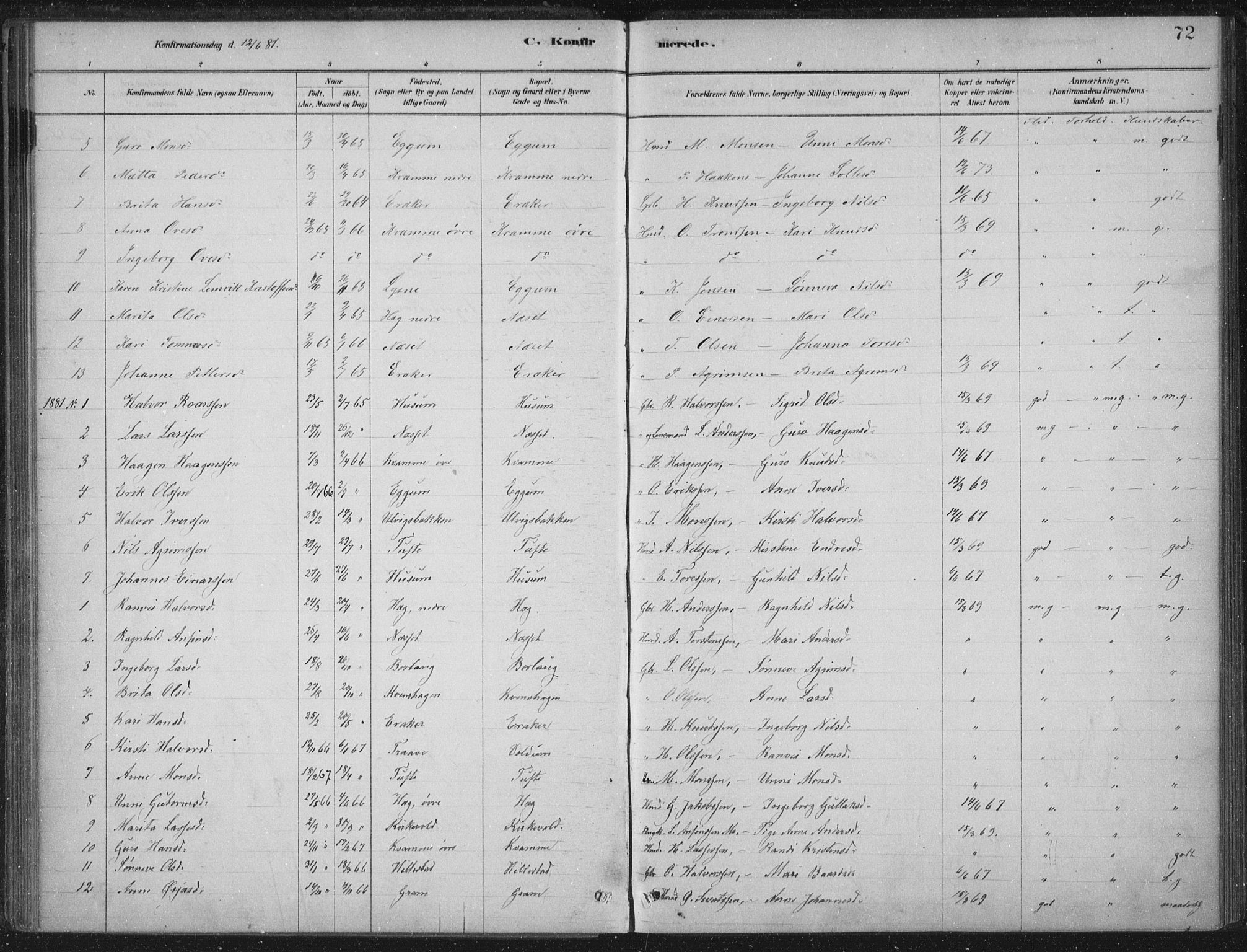 Lærdal sokneprestembete, AV/SAB-A-81201: Parish register (official) no. C  1, 1878-1911, p. 72