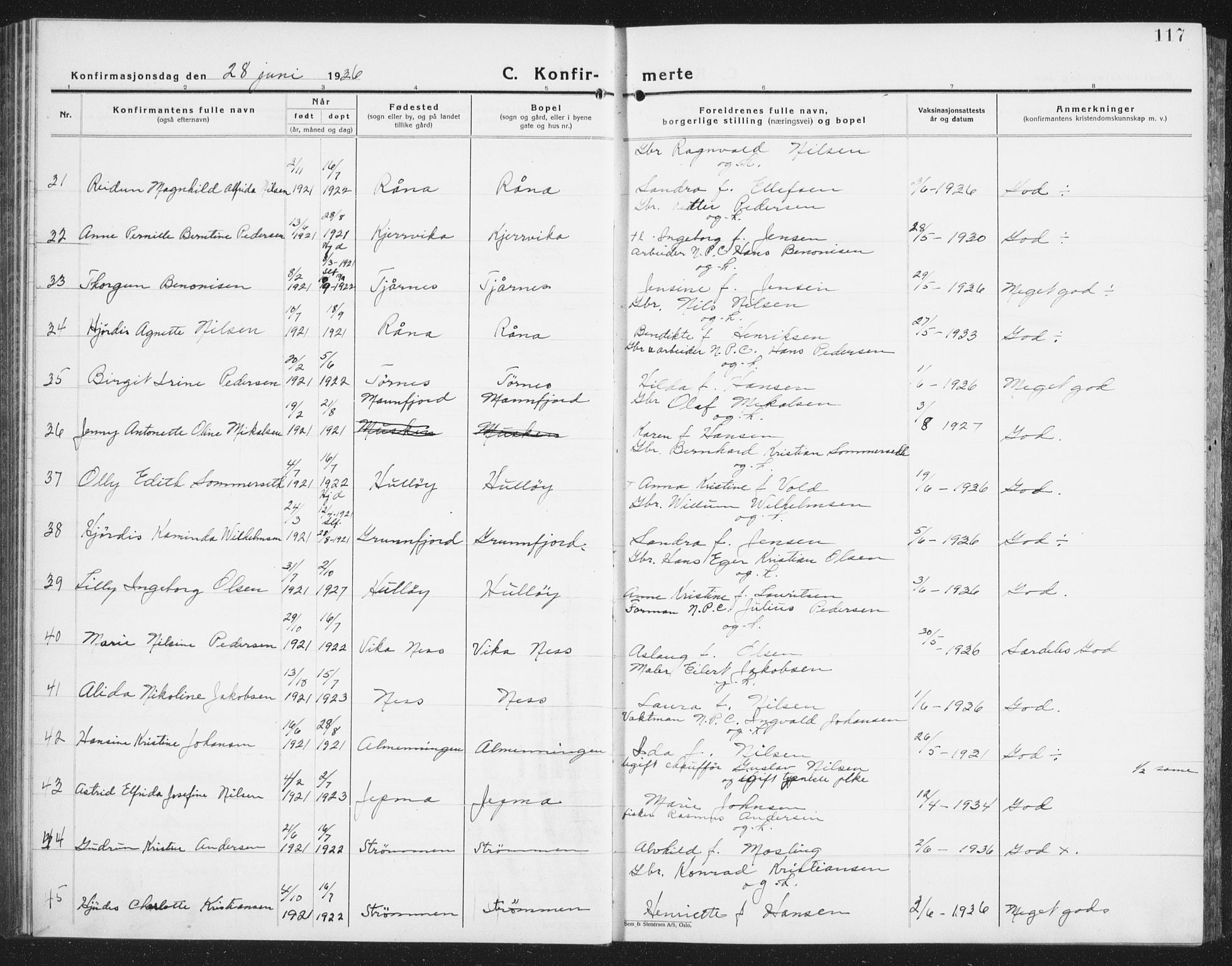 Ministerialprotokoller, klokkerbøker og fødselsregistre - Nordland, AV/SAT-A-1459/861/L0879: Parish register (copy) no. 861C05, 1926-1939, p. 117