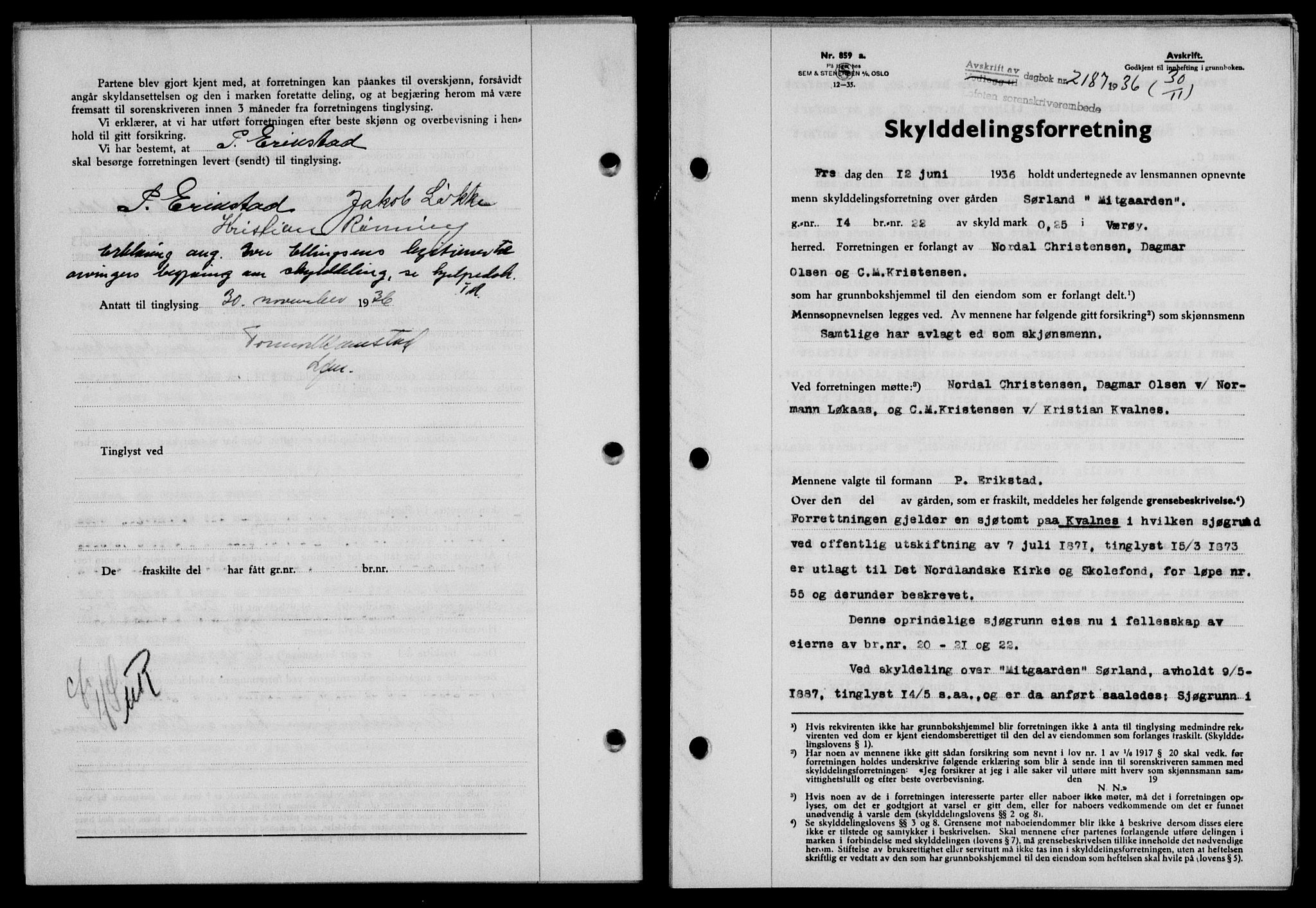 Lofoten sorenskriveri, SAT/A-0017/1/2/2C/L0001a: Mortgage book no. 1a, 1936-1937, Diary no: : 2187/1936
