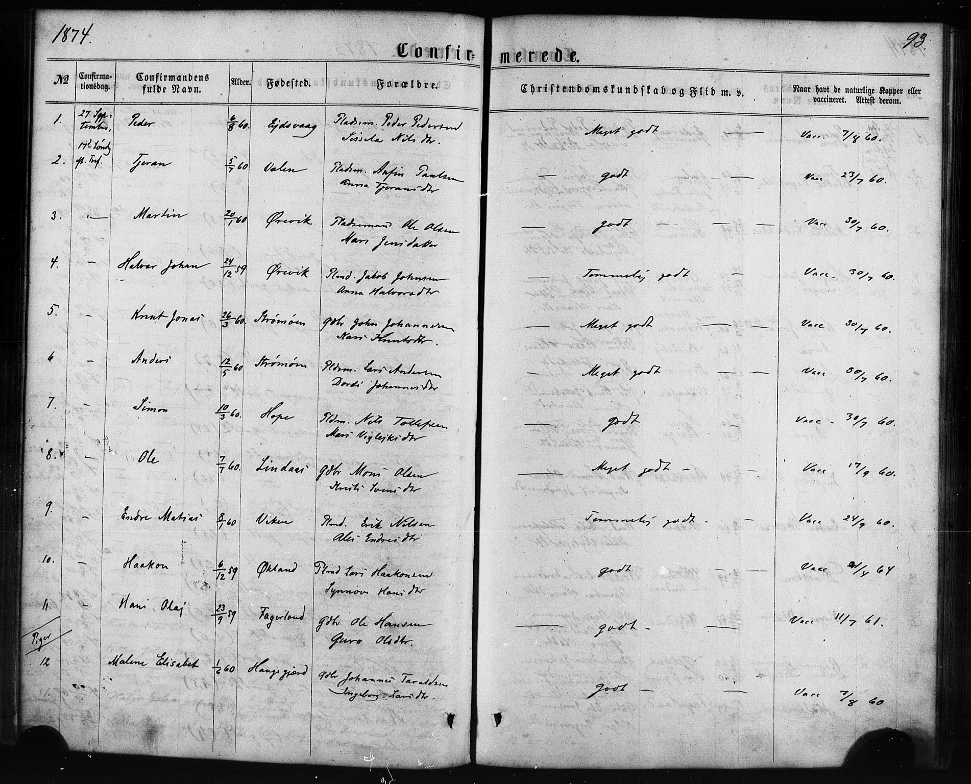 Sveio Sokneprestembete, AV/SAB-A-78501/H/Haa: Parish register (official) no. C 1, 1862-1880, p. 93