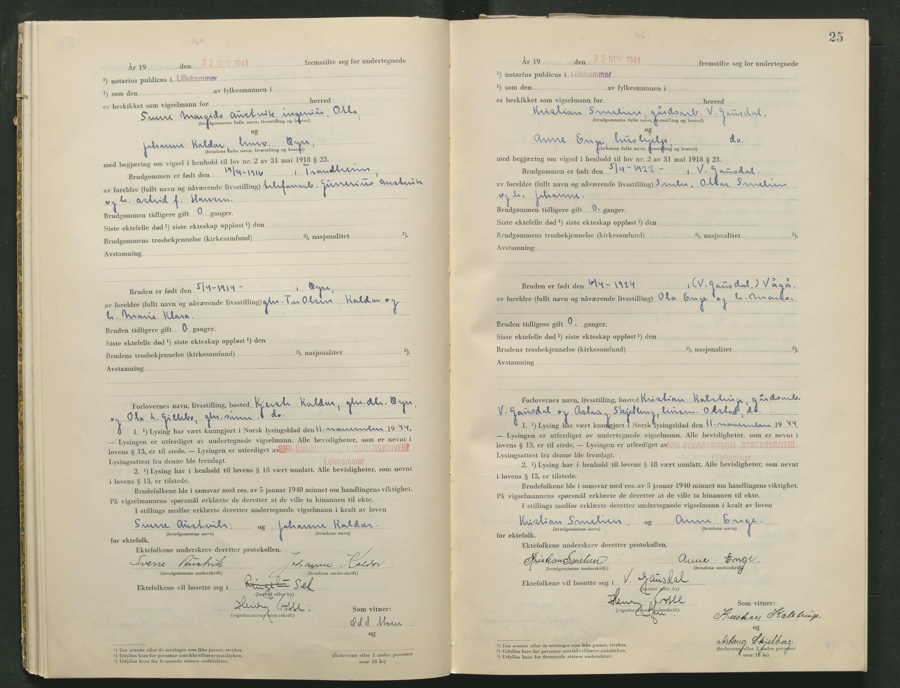 Sør-Gudbrandsdal tingrett, AV/SAH-TING-004/L/Lc/L0005: Vigselsprotokoll, 1944-1946, p. 25