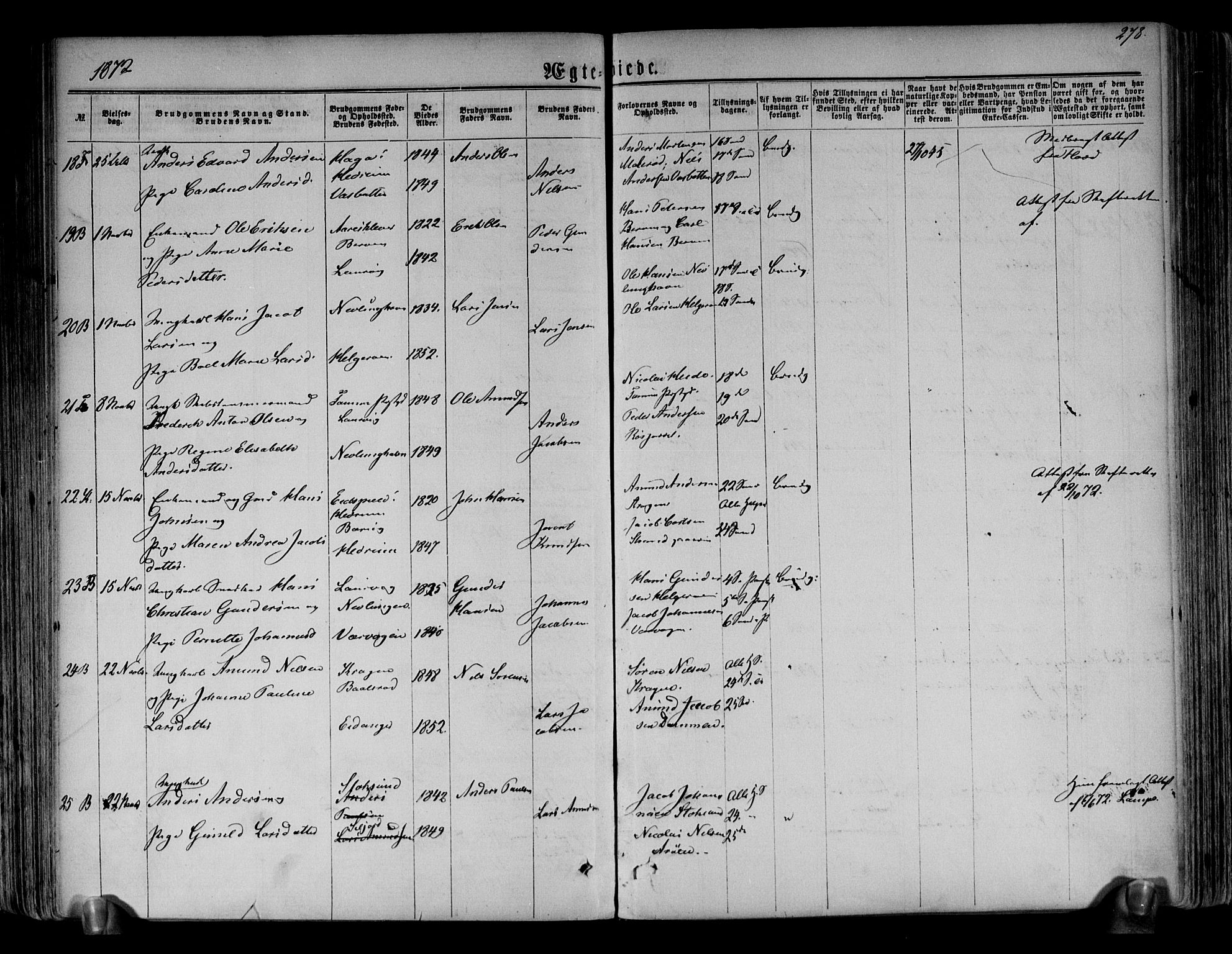 Brunlanes kirkebøker, AV/SAKO-A-342/F/Fa/L0005: Parish register (official) no. I 5, 1862-1877, p. 278