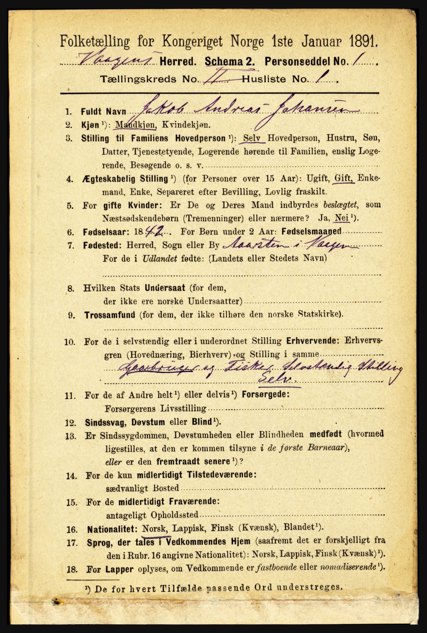 RA, 1891 census for 1865 Vågan, 1891, p. 416