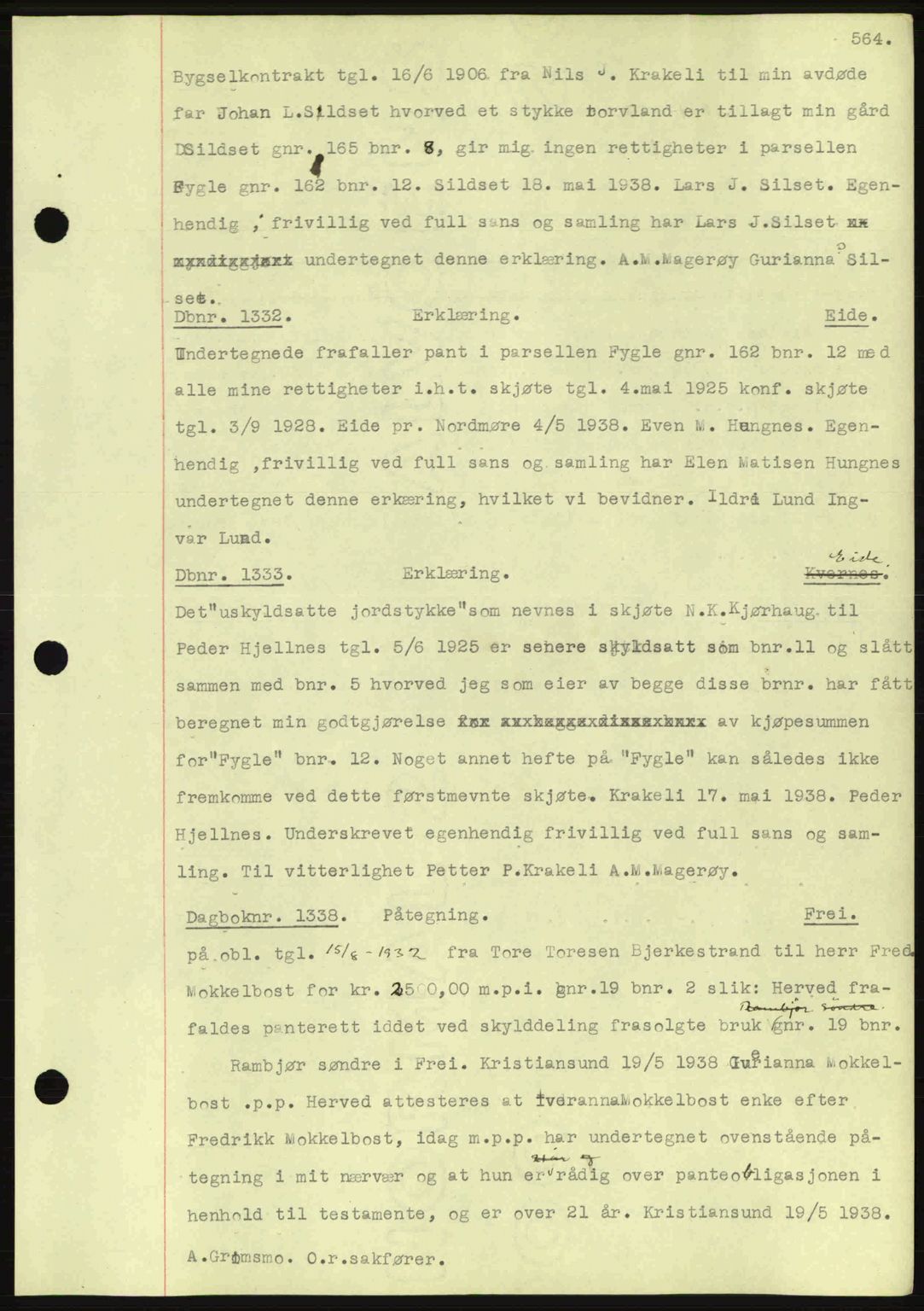 Nordmøre sorenskriveri, AV/SAT-A-4132/1/2/2Ca: Mortgage book no. C80, 1936-1939, Diary no: : 1332/1938