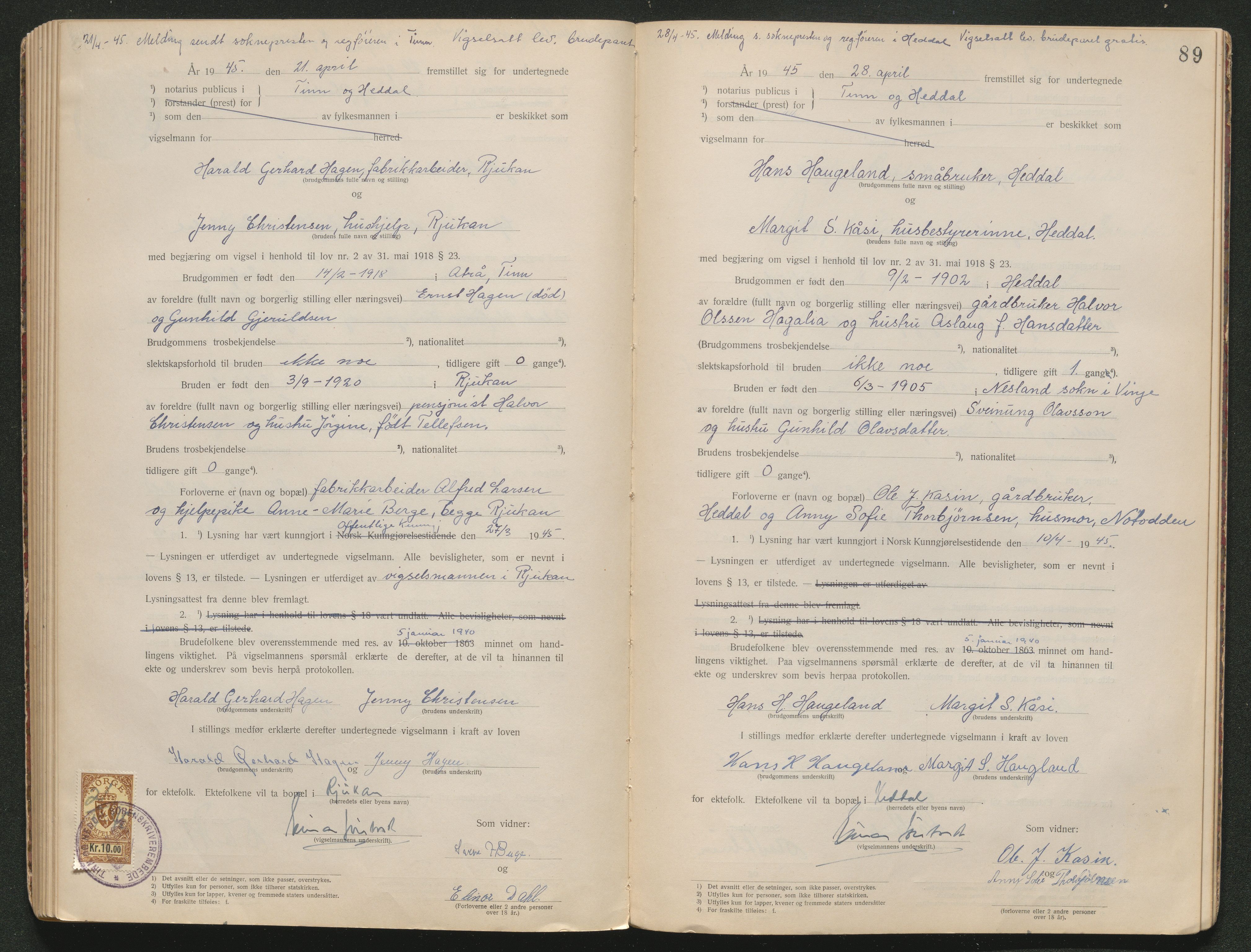 Tinn og Heddal sorenskriveri, AV/SAKO-A-212/L/La/L0003: Vigselsbok - , 1920-1945, p. 89