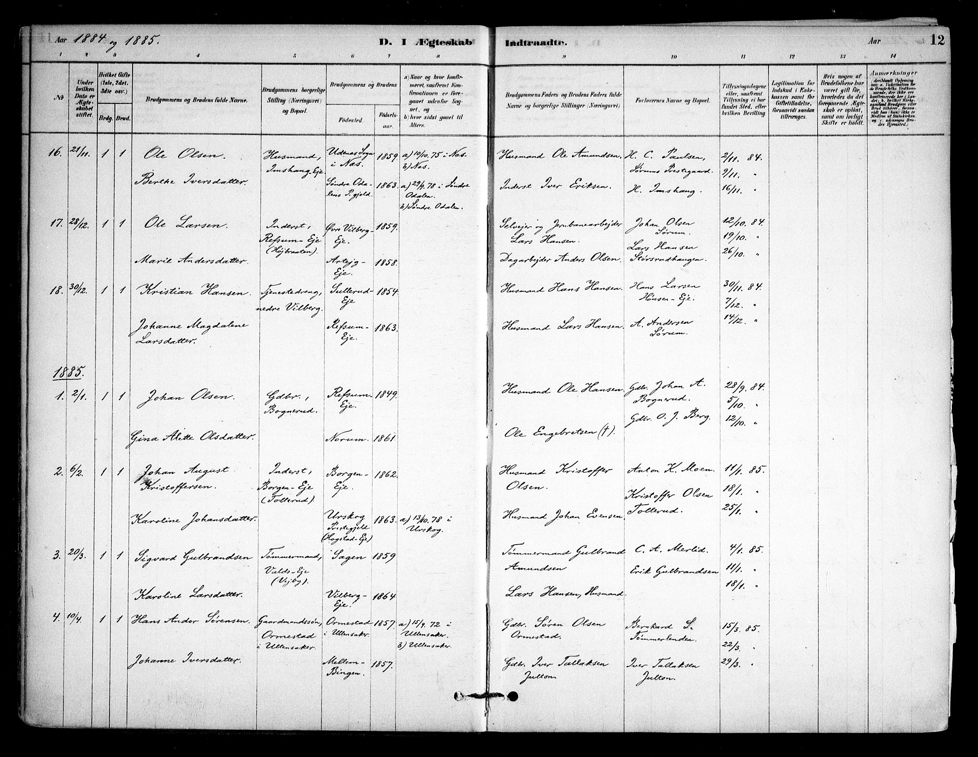 Sørum prestekontor Kirkebøker, SAO/A-10303/F/Fa/L0008: Parish register (official) no. I 8, 1878-1914, p. 12