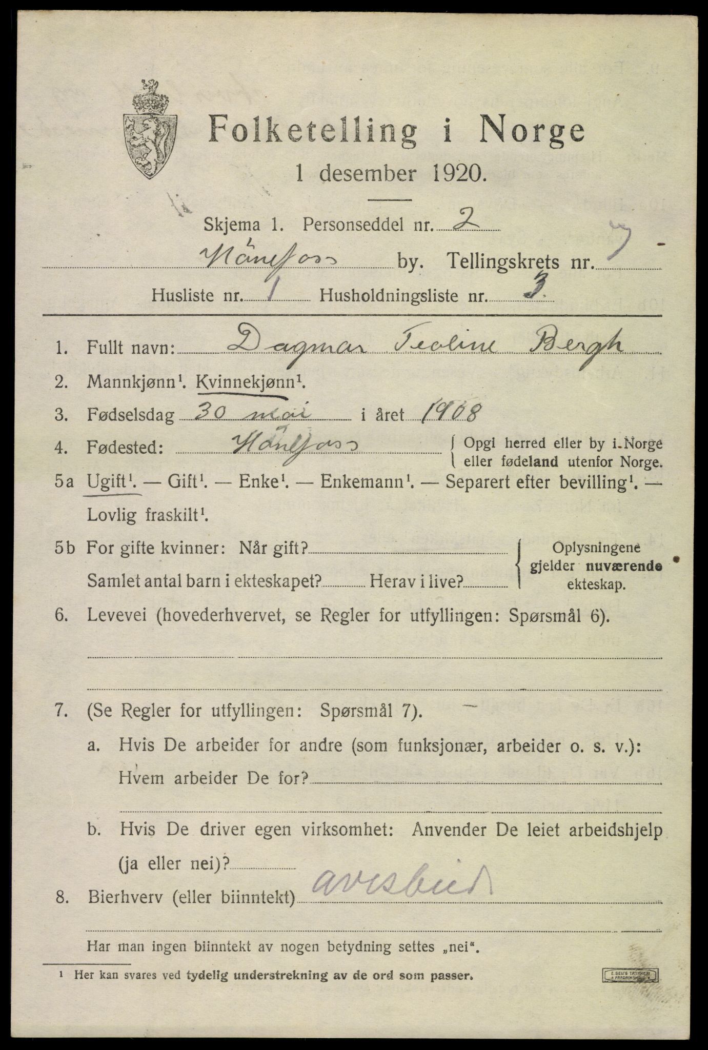 SAKO, 1920 census for Hønefoss, 1920, p. 7862