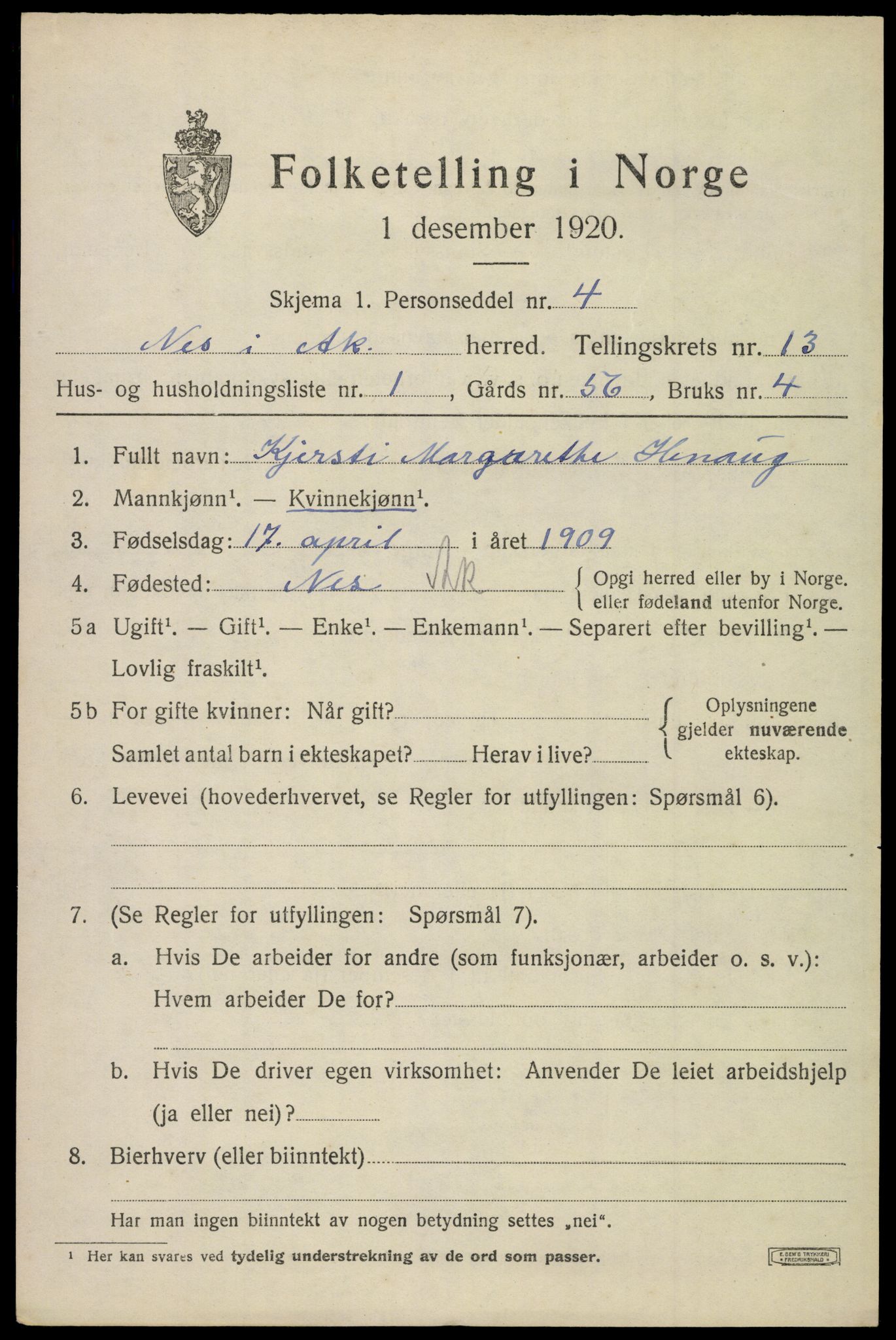 SAO, 1920 census for Nes, 1920, p. 13430