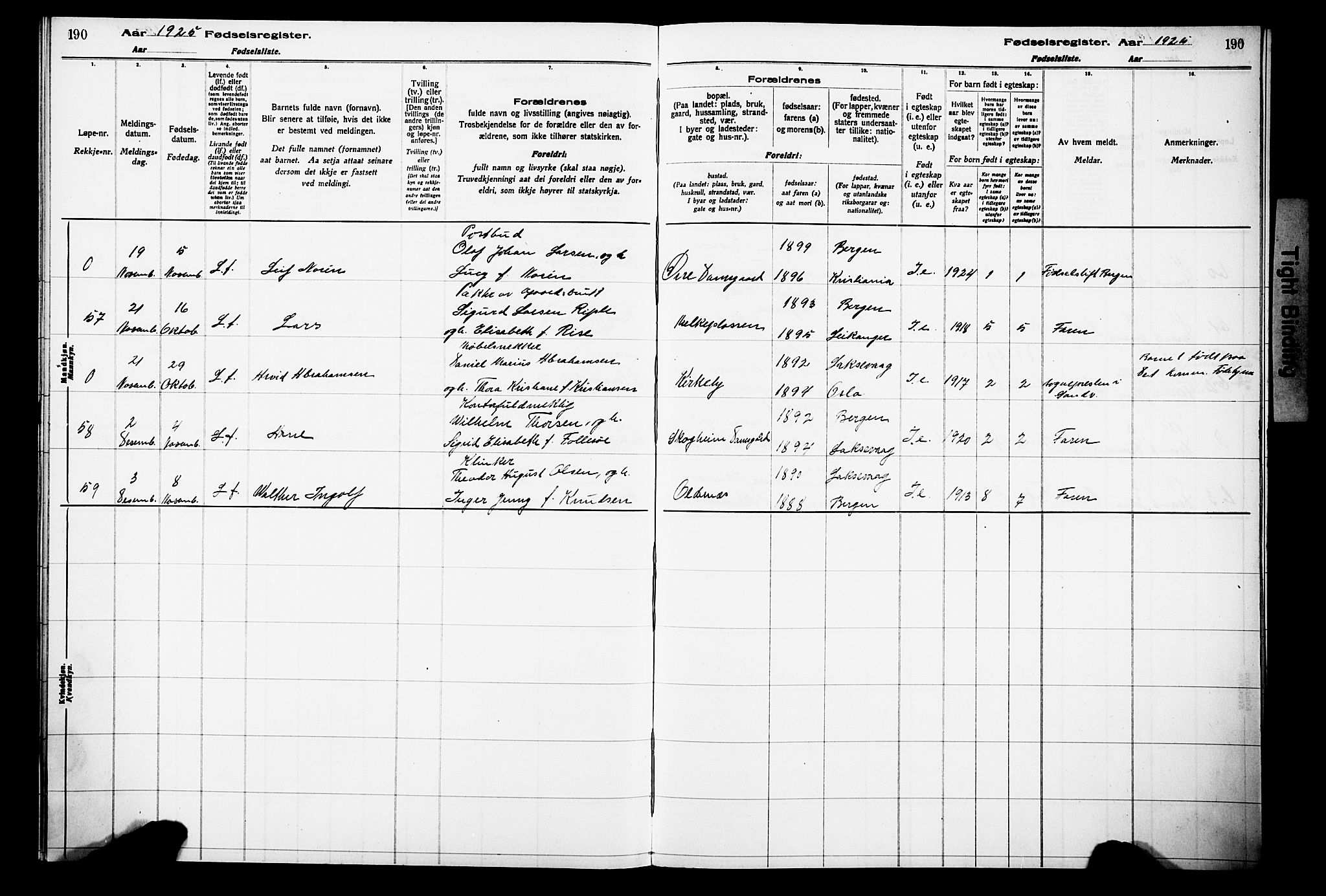 Laksevåg Sokneprestembete, AV/SAB-A-76501/I/Id/L00A1: Birth register no. A 1, 1916-1926, p. 190