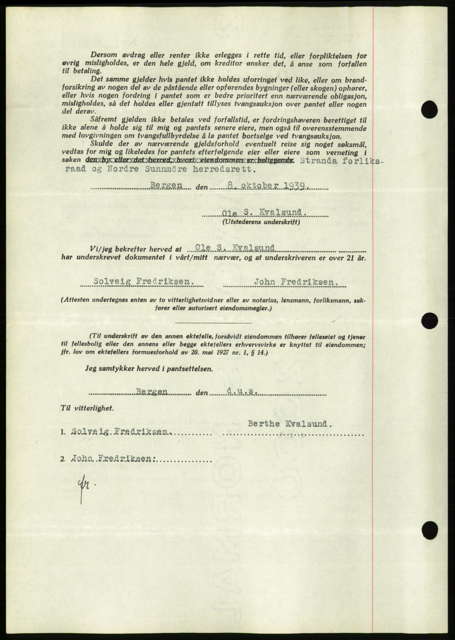 Søre Sunnmøre sorenskriveri, AV/SAT-A-4122/1/2/2C/L0069: Mortgage book no. 63, 1939-1940, Diary no: : 1500/1939