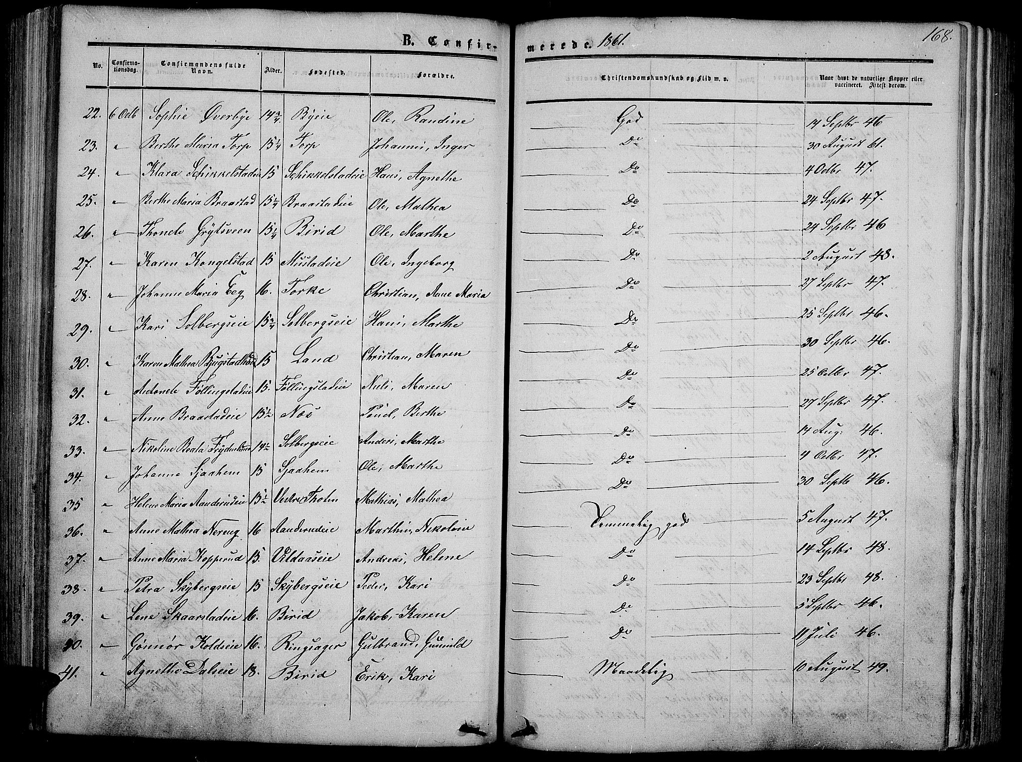 Vardal prestekontor, SAH/PREST-100/H/Ha/Hab/L0005: Parish register (copy) no. 5, 1854-1868, p. 168