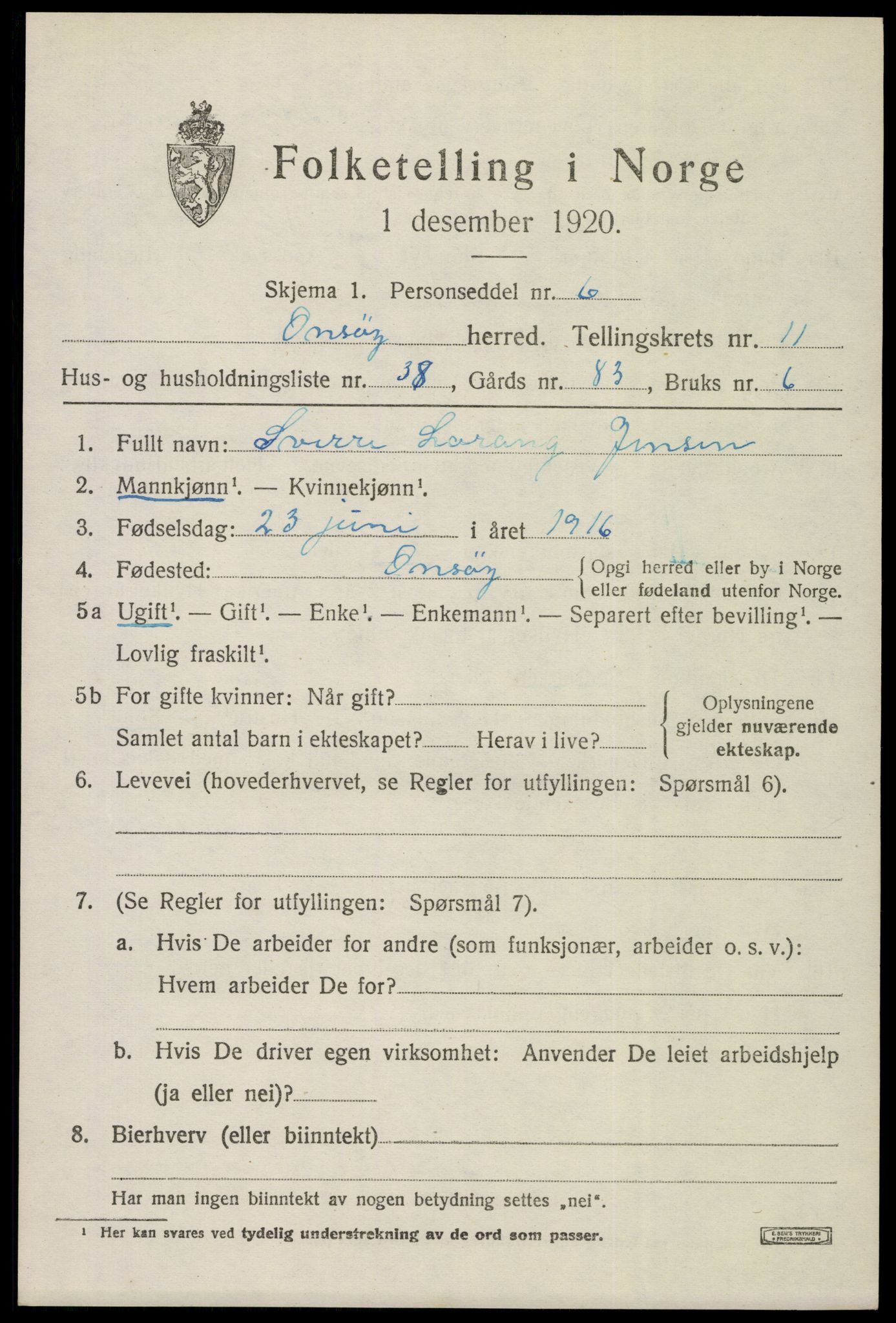 SAO, 1920 census for Onsøy, 1920, p. 14762