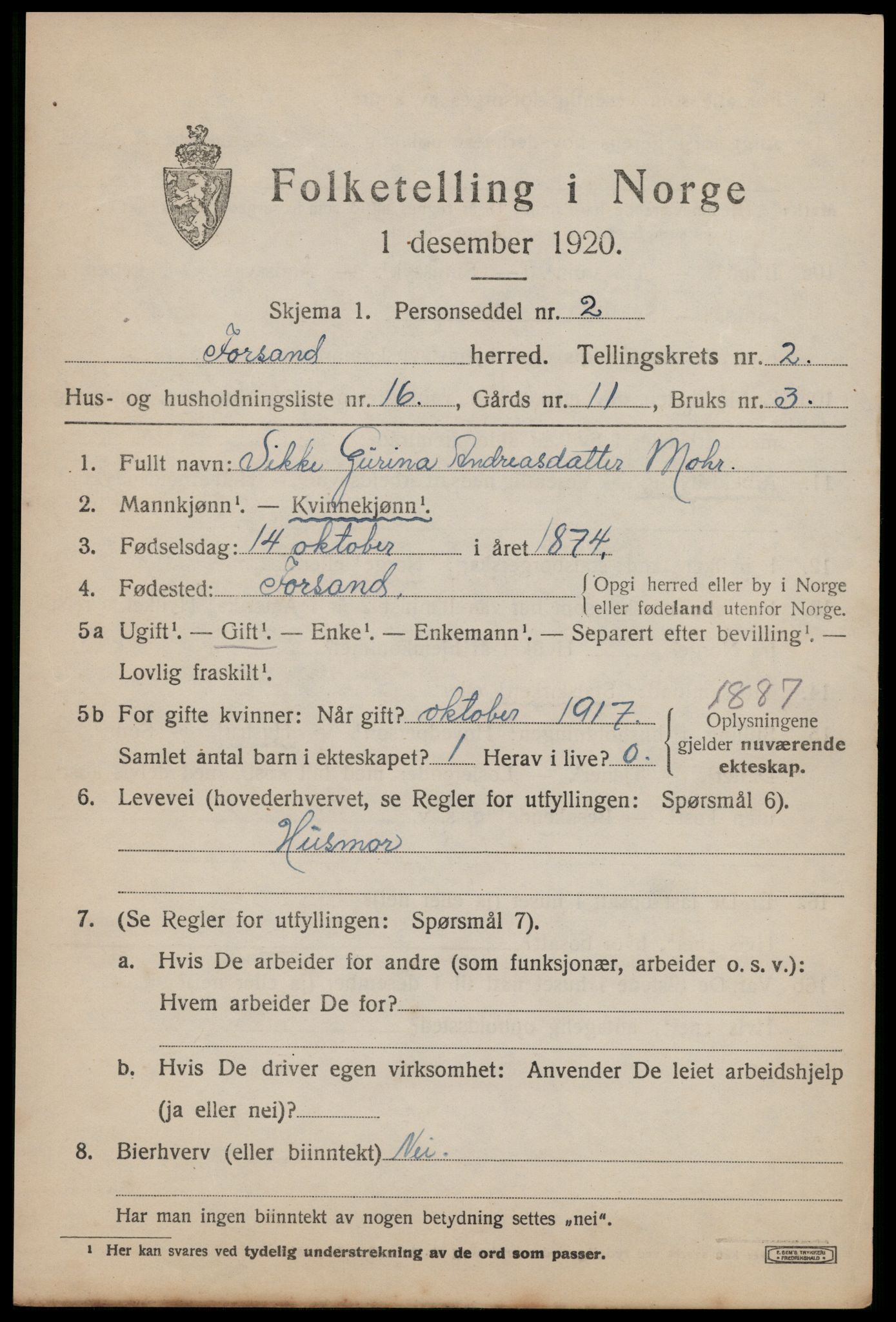 SAST, 1920 census for Forsand, 1920, p. 1421