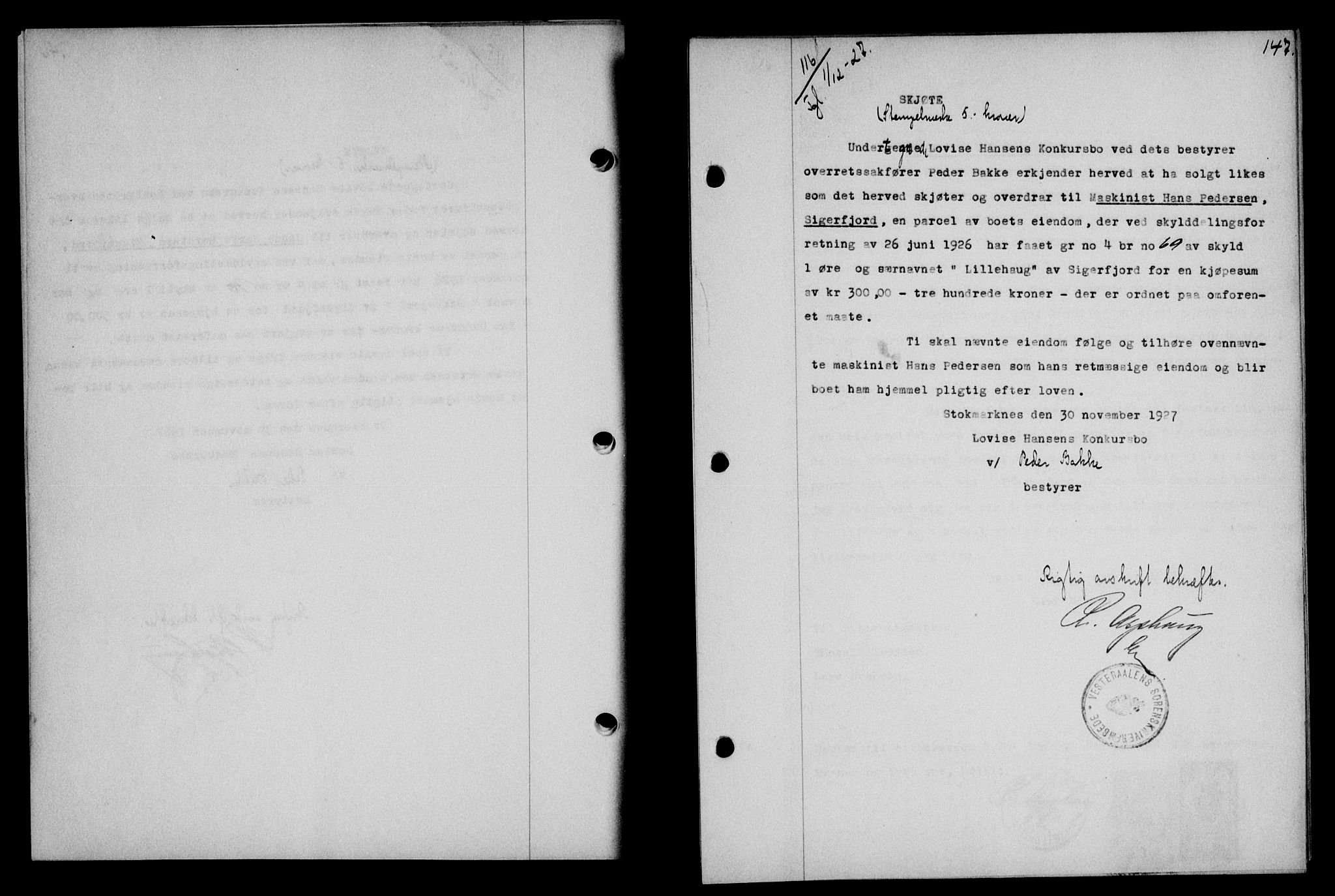 Vesterålen sorenskriveri, SAT/A-4180/1/2/2Ca/L0045: Mortgage book no. 38, 1927-1928, Deed date: 01.12.1927