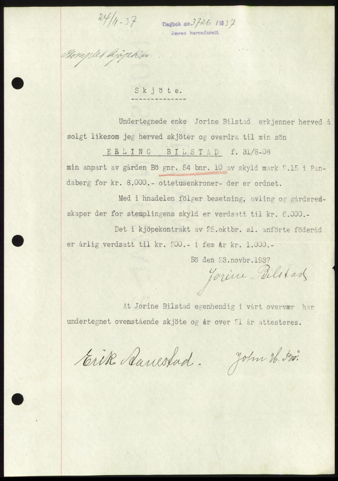 Jæren sorenskriveri, SAST/A-100310/03/G/Gba/L0069: Mortgage book, 1937-1937, Diary no: : 3726/1937