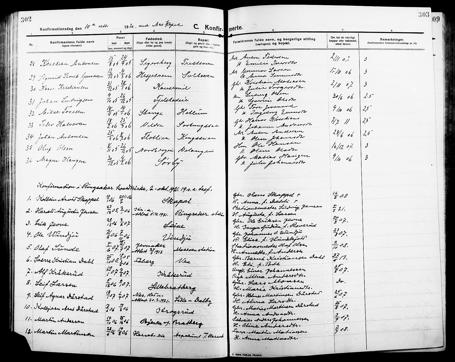 Ringsaker prestekontor, AV/SAH-PREST-014/L/La/L0018: Parish register (copy) no. 18, 1913-1922, p. 302-303