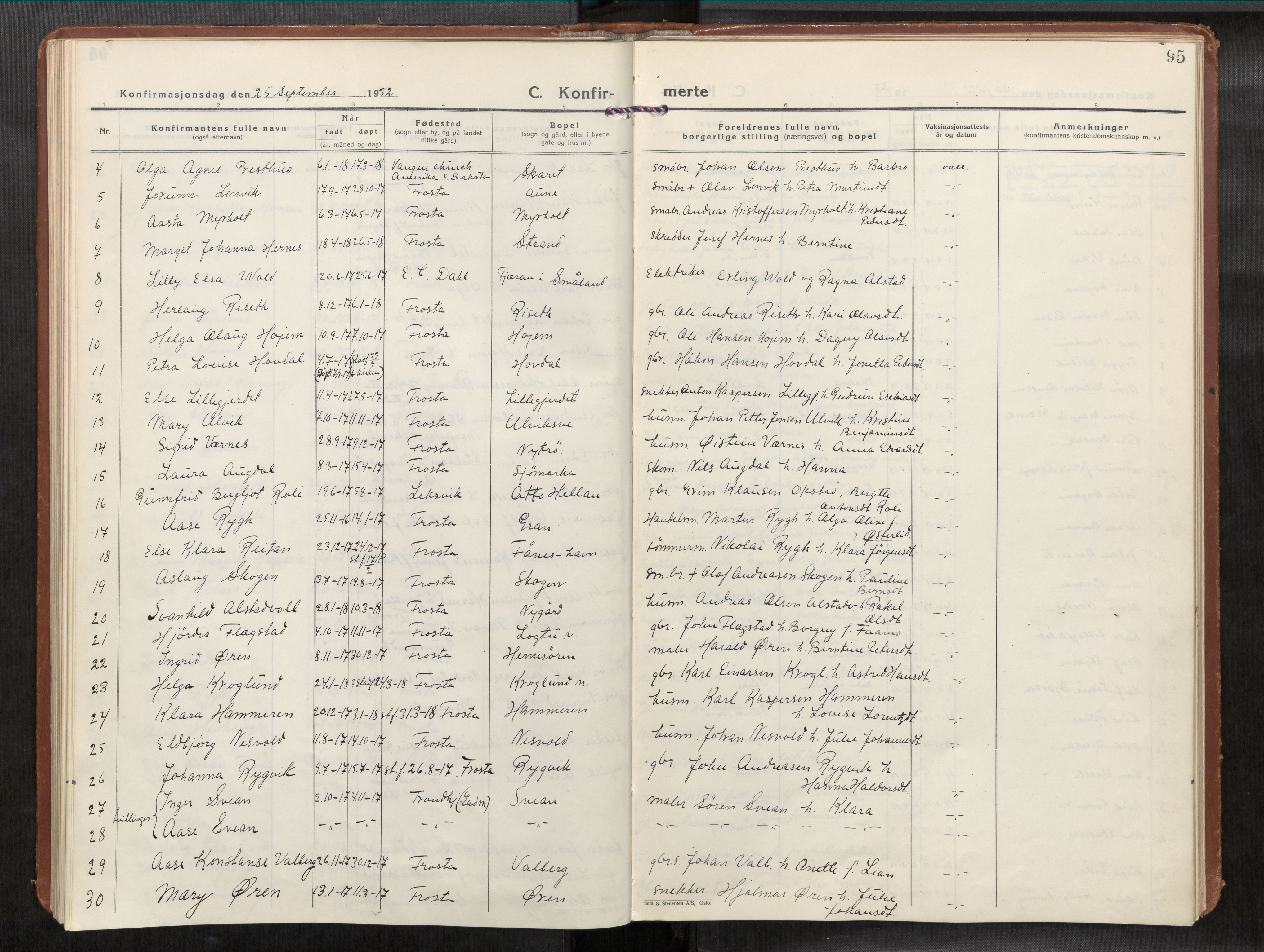 Frosta sokneprestkontor, AV/SAT-A-4380/2/H/Haa/L0001: Parish register (official) no. 1, 1926-1934, p. 95