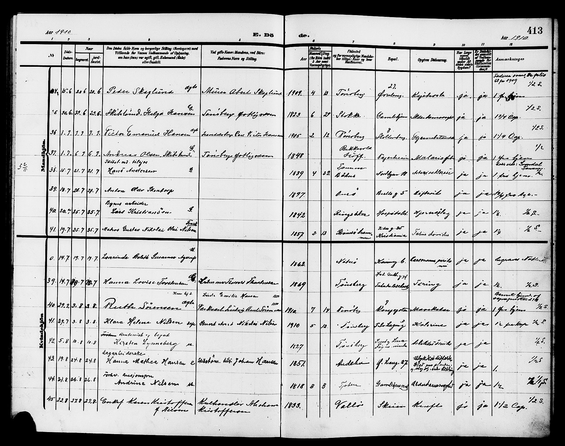 Tønsberg kirkebøker, AV/SAKO-A-330/G/Ga/L0008: Parish register (copy) no. 8, 1905-1912, p. 413
