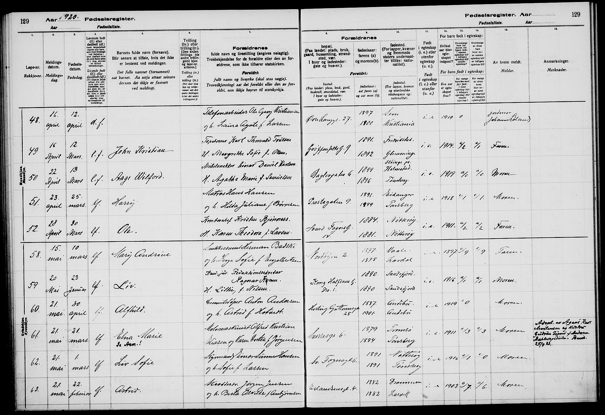 Tønsberg kirkebøker, AV/SAKO-A-330/J/Ja/L0001: Birth register no. 1, 1916-1922, p. 129