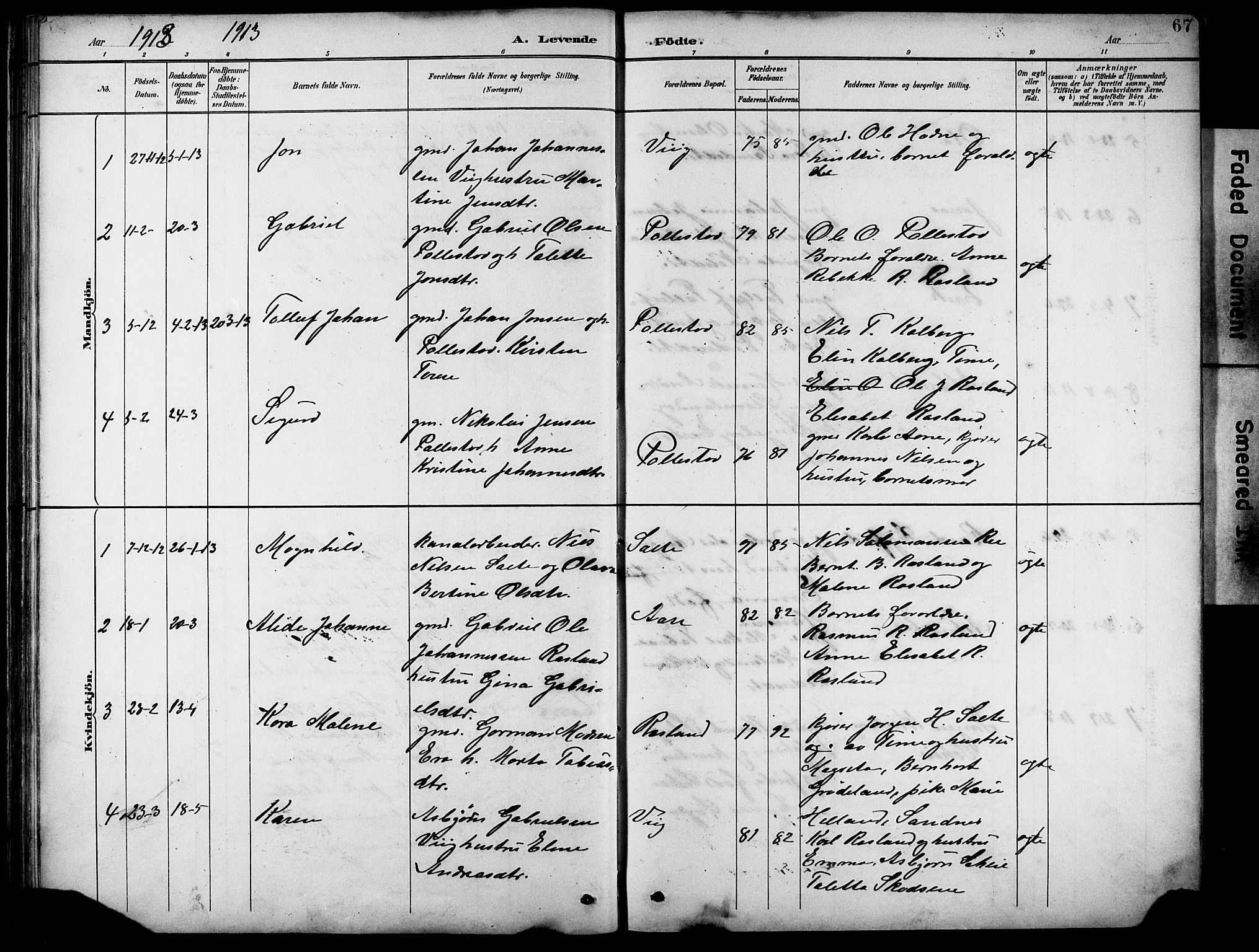 Klepp sokneprestkontor, SAST/A-101803/001/3/30BB/L0005: Parish register (copy) no. B 5, 1889-1918, p. 67
