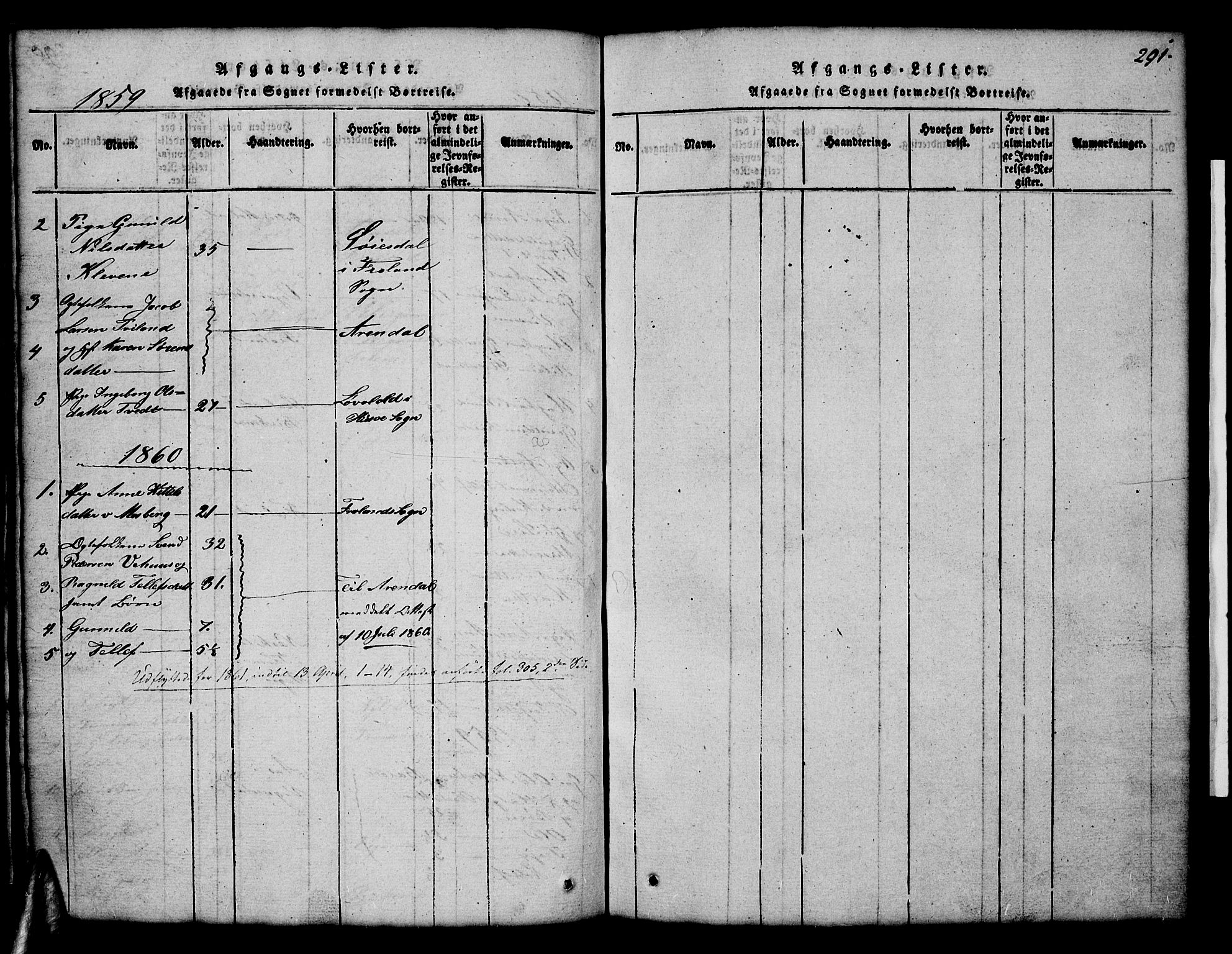 Åmli sokneprestkontor, AV/SAK-1111-0050/F/Fb/Fbc/L0001: Parish register (copy) no. B 1, 1816-1867, p. 291