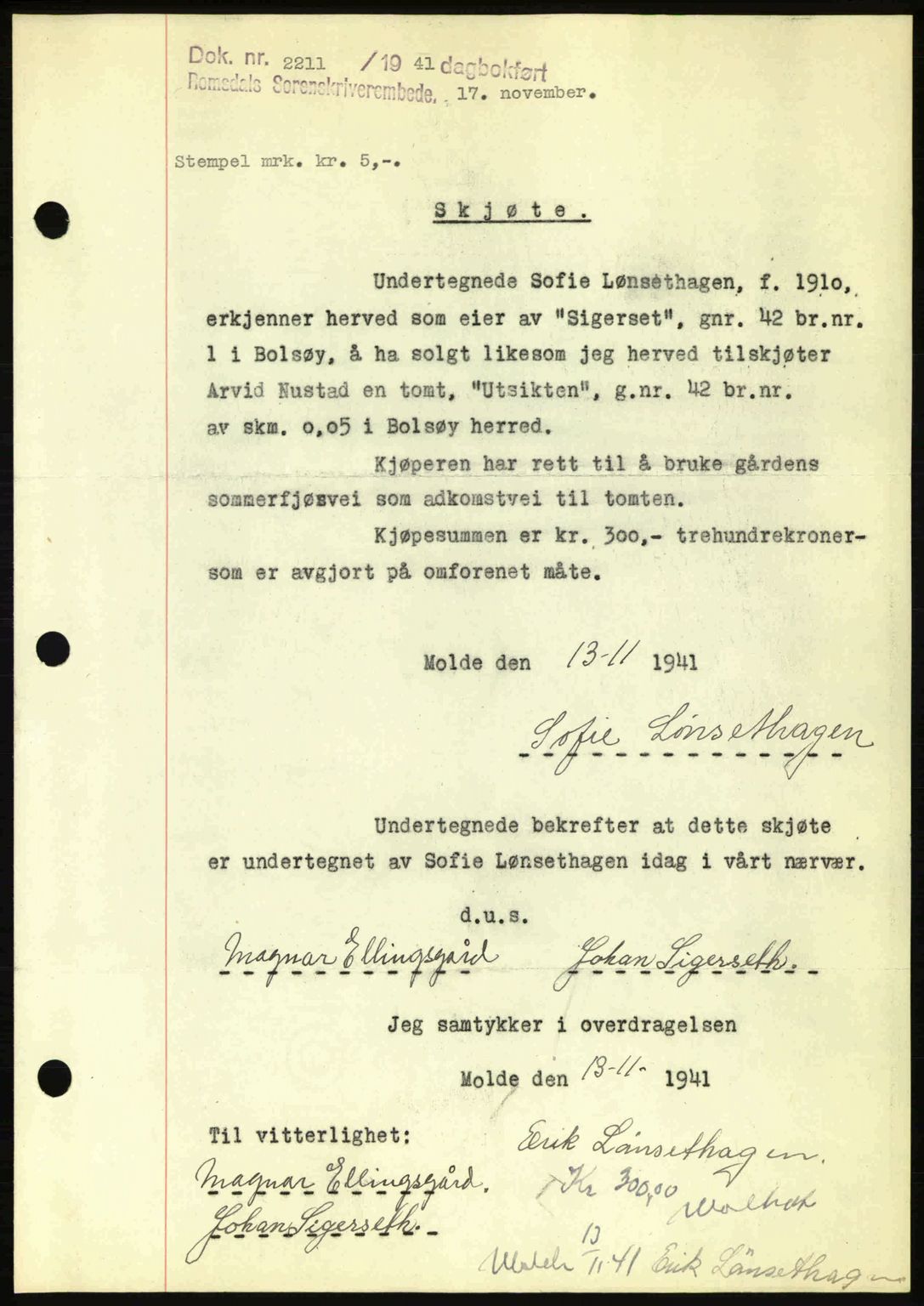 Romsdal sorenskriveri, AV/SAT-A-4149/1/2/2C: Mortgage book no. A11, 1941-1942, Diary no: : 2211/1941