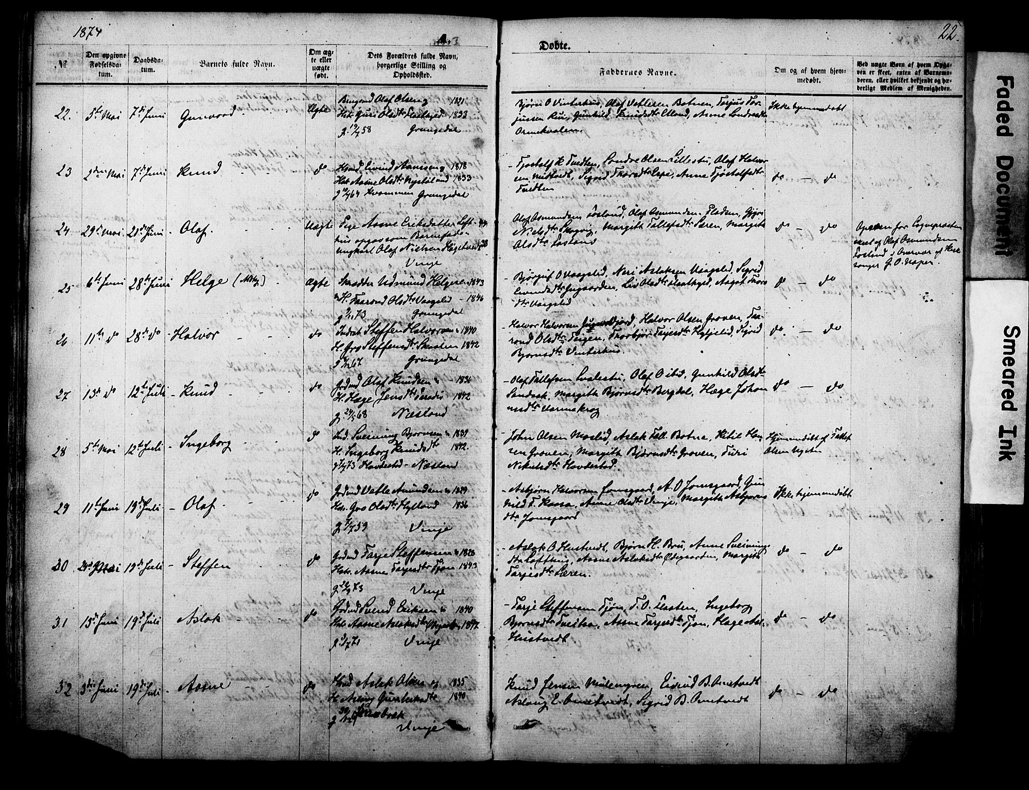 Vinje kirkebøker, SAKO/A-312/F/Fa/L0005: Parish register (official) no. I 5, 1870-1886, p. 22