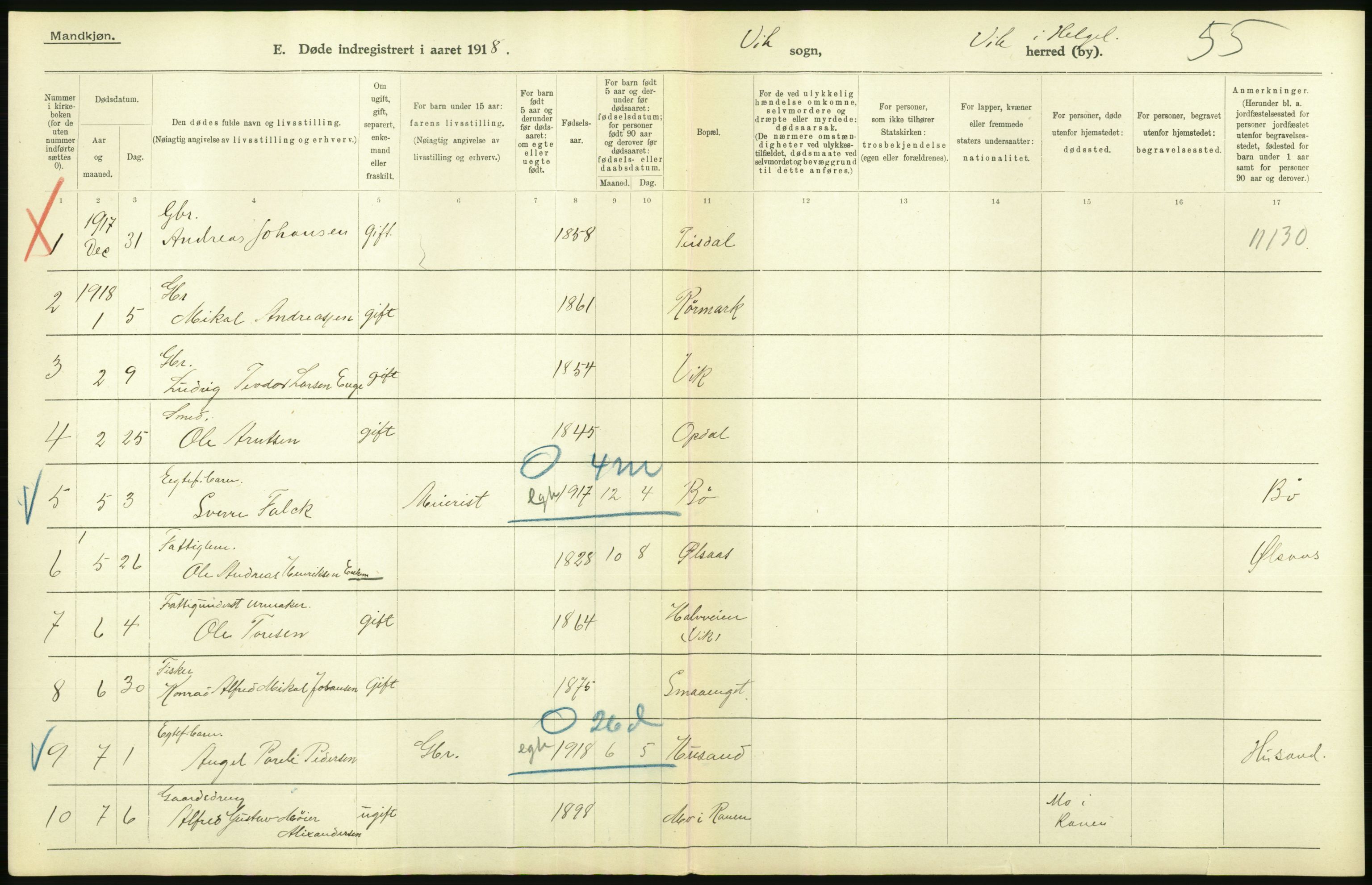 Statistisk sentralbyrå, Sosiodemografiske emner, Befolkning, AV/RA-S-2228/D/Df/Dfb/Dfbh/L0055: Nordland fylke: Døde. Bygder og byer., 1918, p. 54