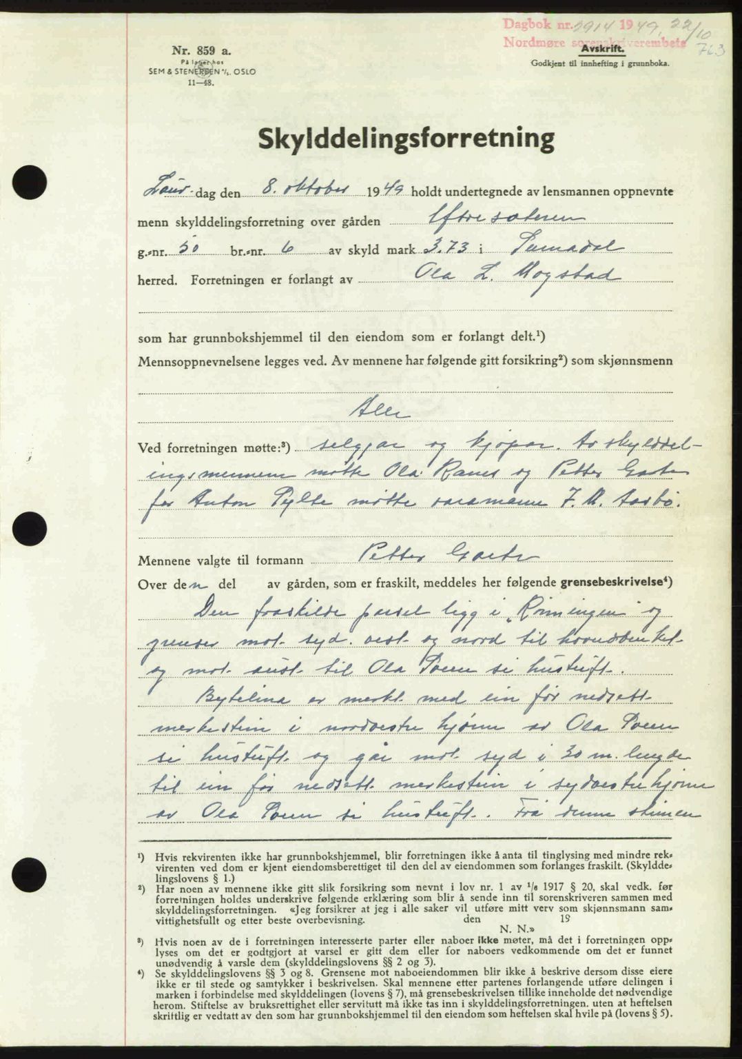 Nordmøre sorenskriveri, AV/SAT-A-4132/1/2/2Ca: Mortgage book no. A112, 1949-1949, Diary no: : 2914/1949