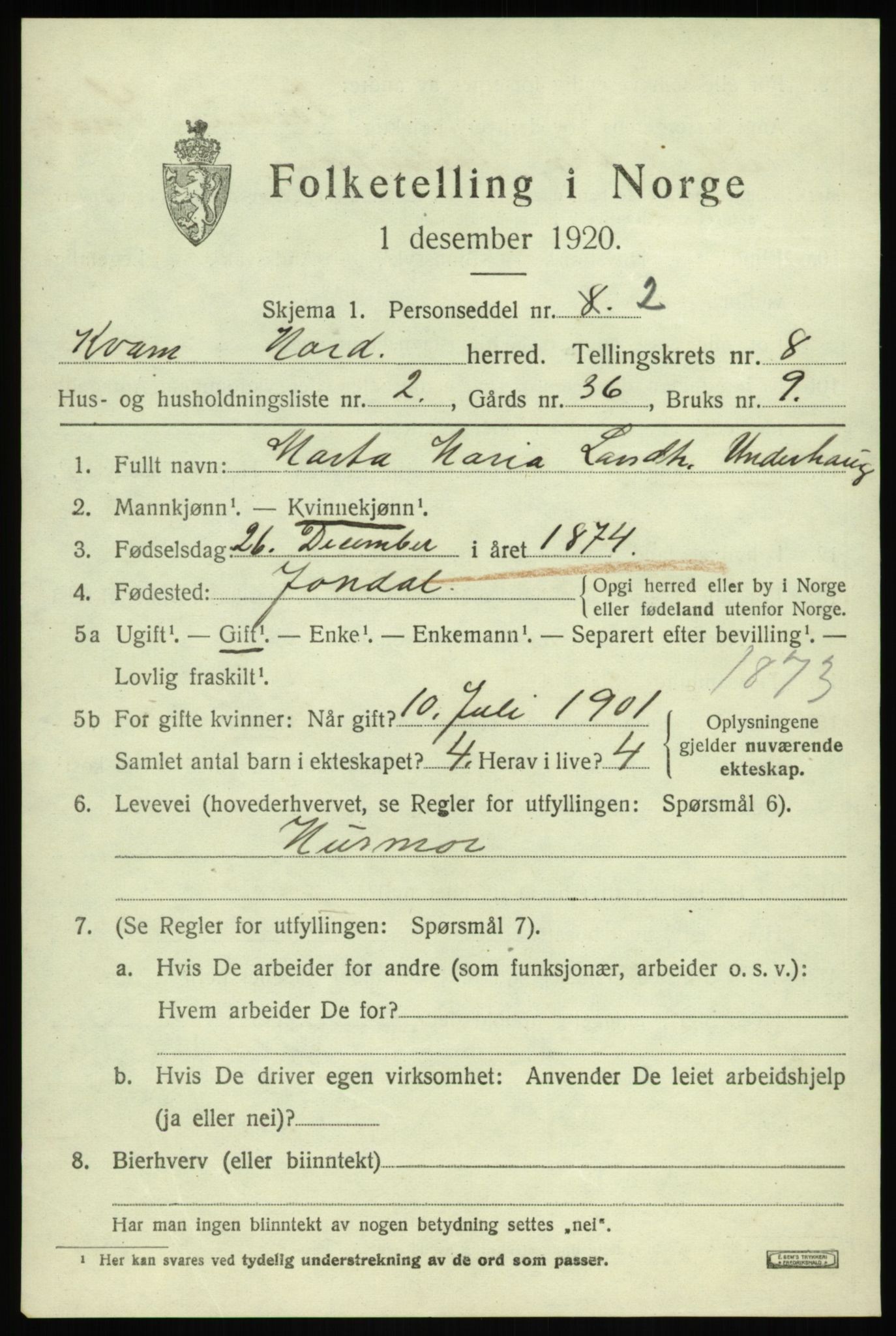 SAB, 1920 census for Kvam, 1920, p. 5177