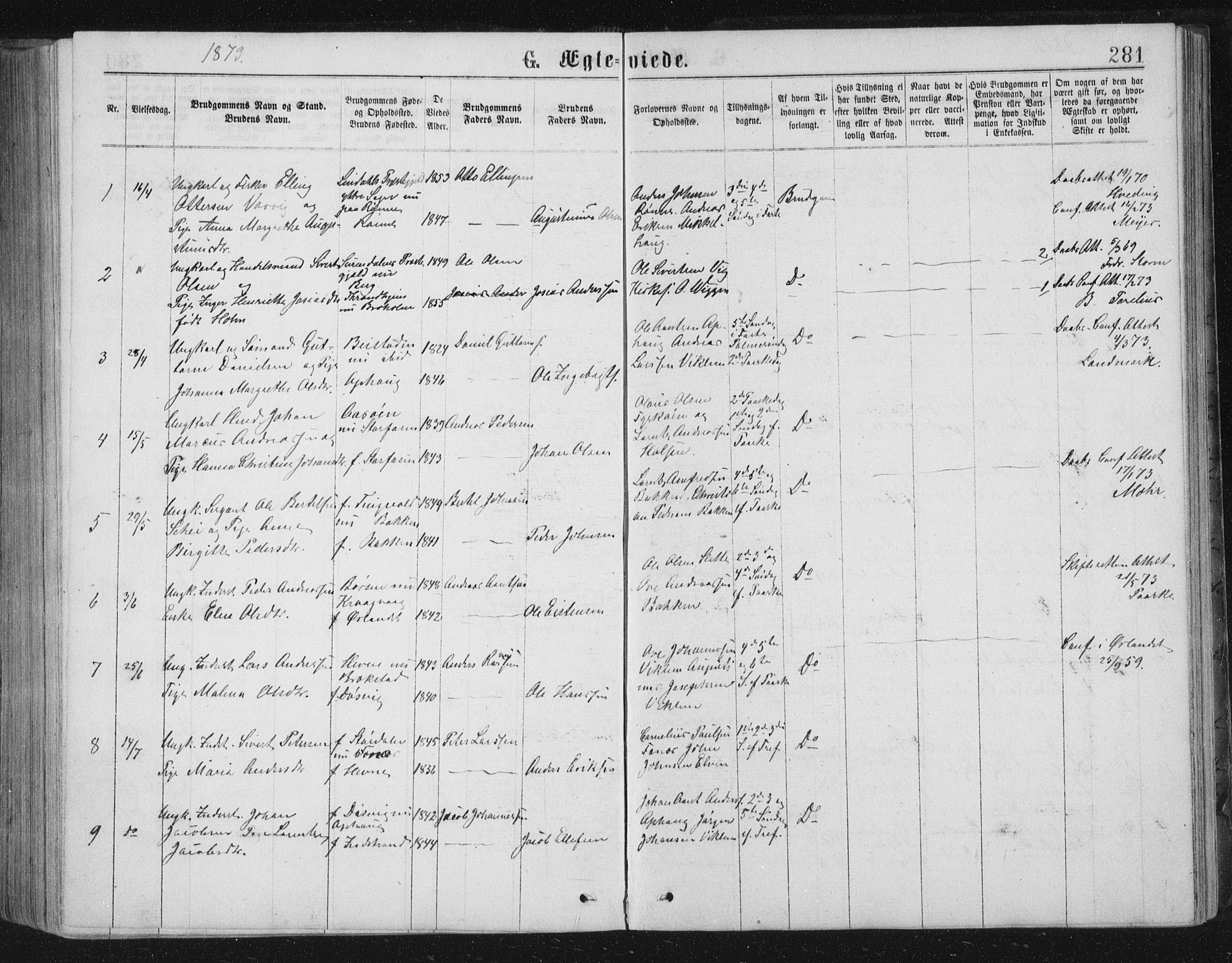 Ministerialprotokoller, klokkerbøker og fødselsregistre - Sør-Trøndelag, SAT/A-1456/659/L0745: Parish register (copy) no. 659C02, 1869-1892, p. 281