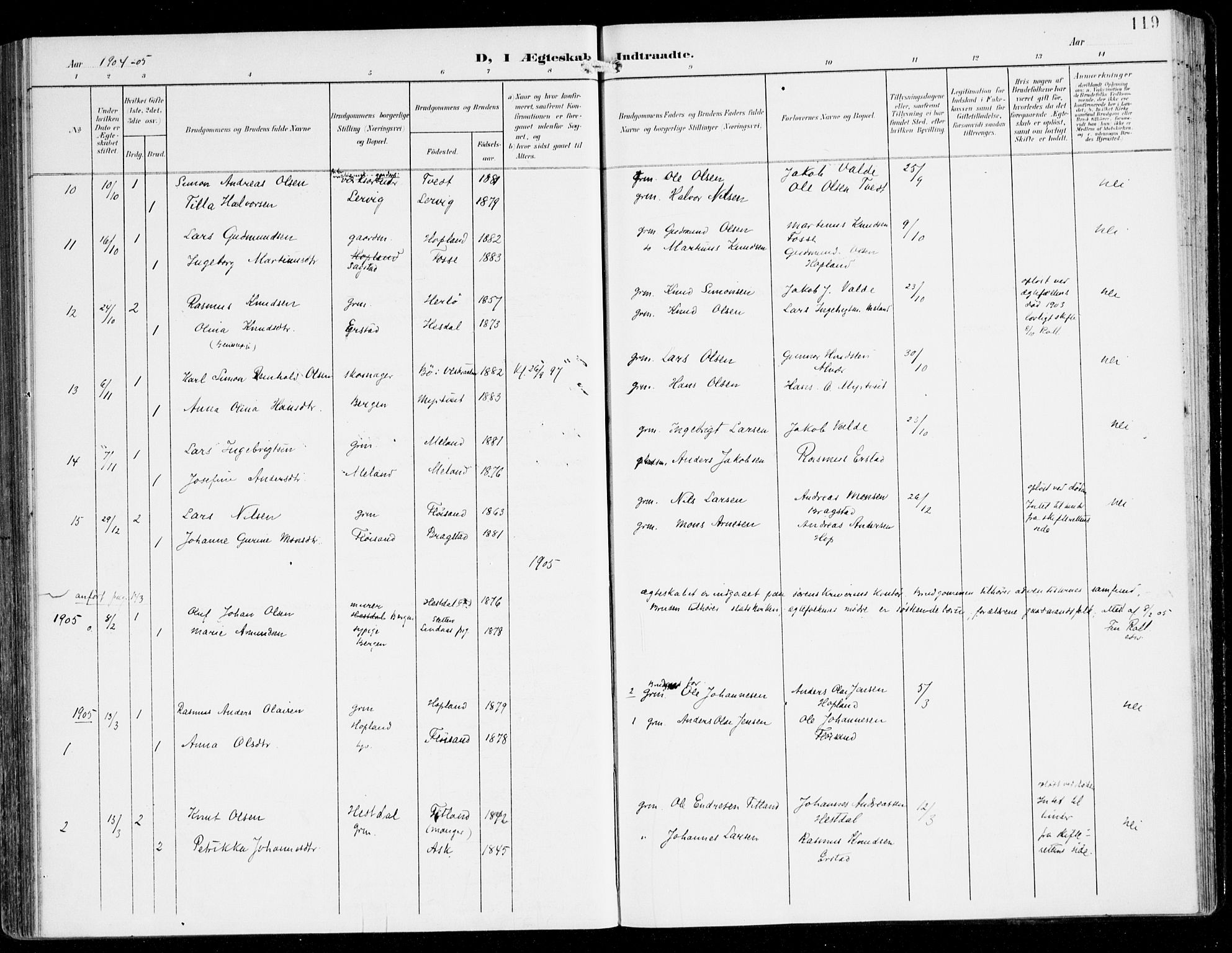 Alversund Sokneprestembete, SAB/A-73901/H/Ha/Haa/Haac/L0002: Parish register (official) no. C 2, 1901-1921, p. 119