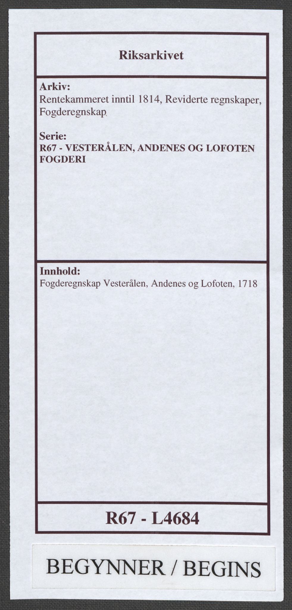 Rentekammeret inntil 1814, Reviderte regnskaper, Fogderegnskap, AV/RA-EA-4092/R67/L4684: Fogderegnskap Vesterålen, Andenes og Lofoten, 1718, p. 1