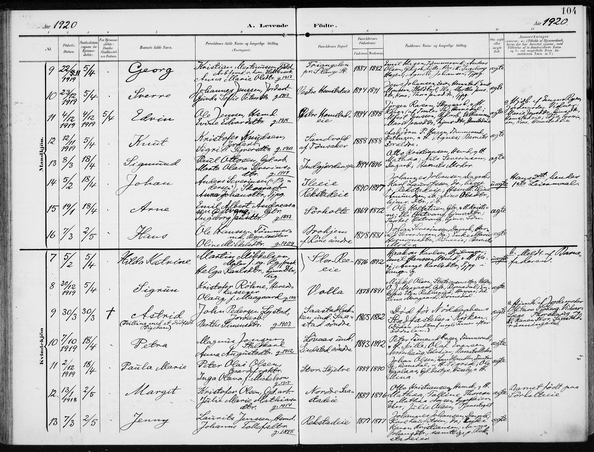 Stange prestekontor, SAH/PREST-002/K/L0024: Parish register (official) no. 24, 1906-1922, p. 104