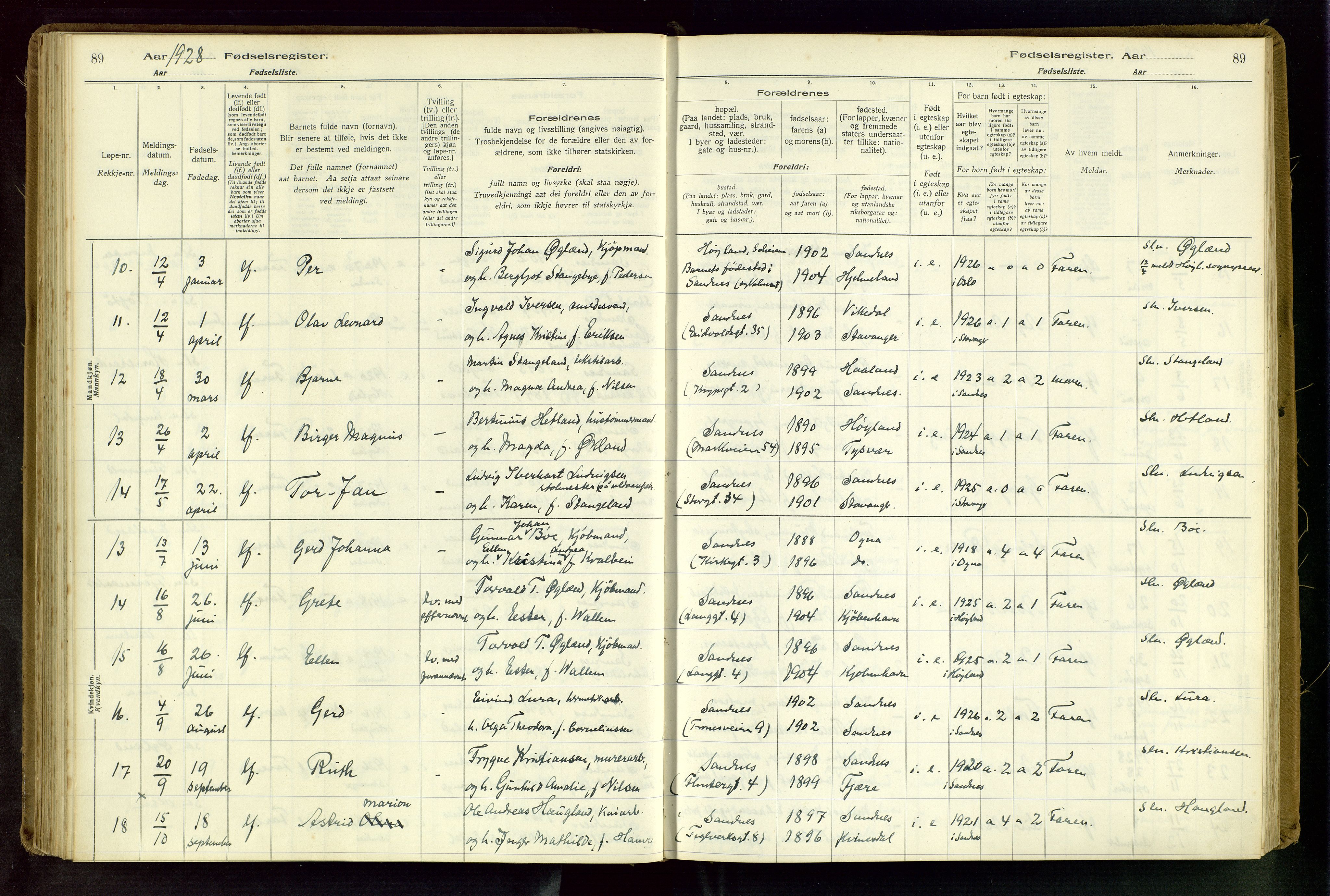 Sandnes sokneprestkontor, AV/SAST-A-101800/704BA/L0001: Birth register no. 1, 1916-1942, p. 89