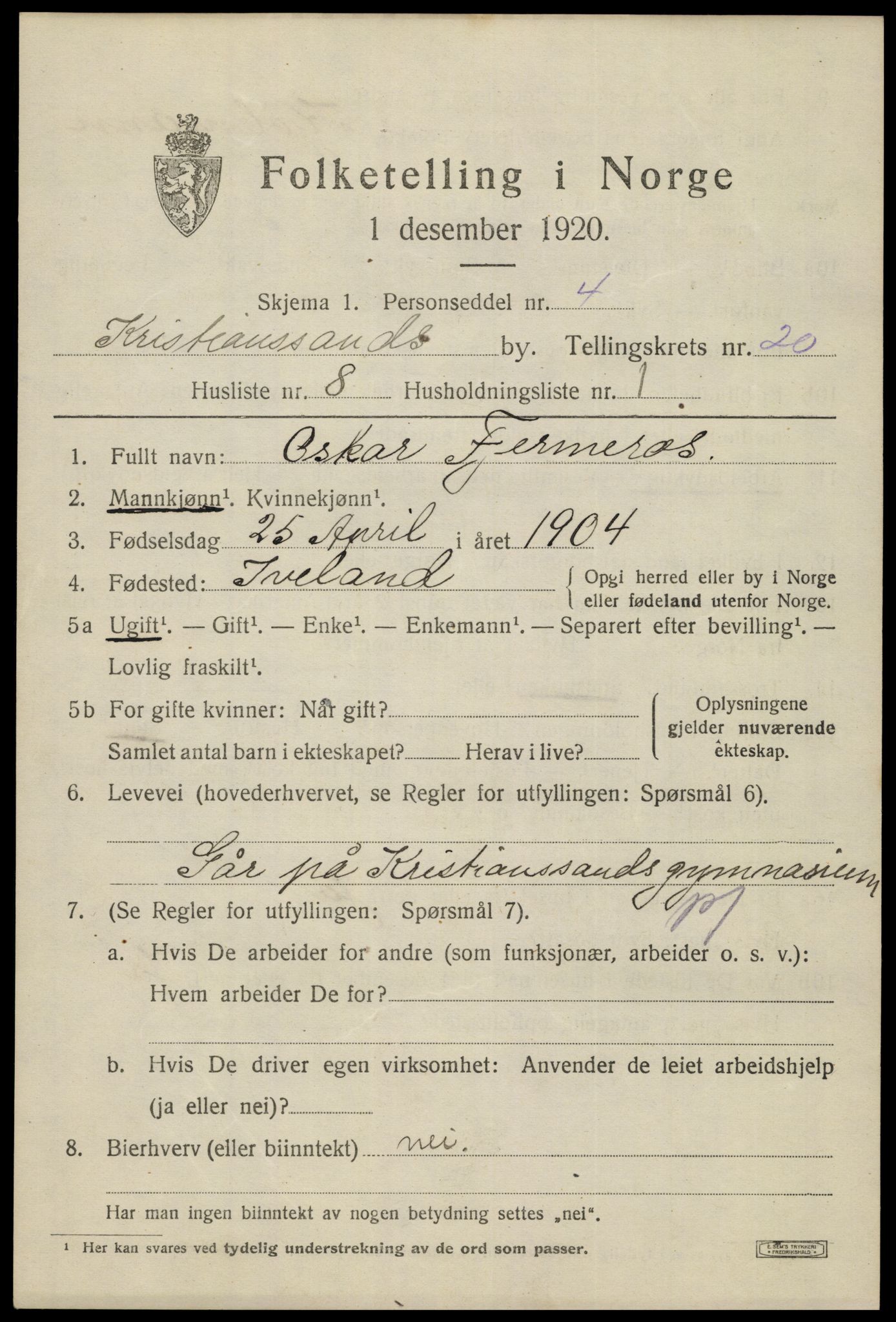 SAK, 1920 census for Kristiansand, 1920, p. 35863