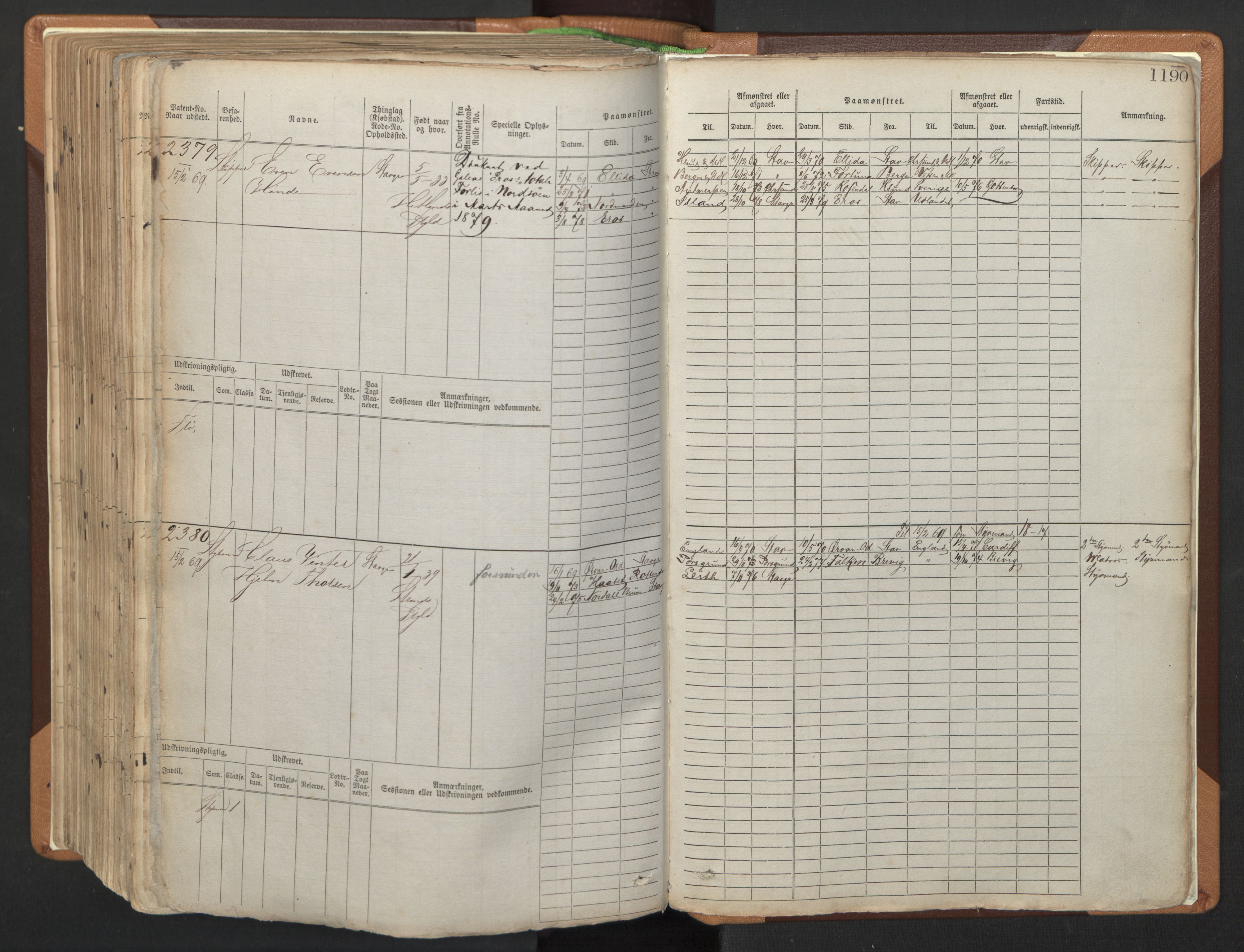 Stavanger sjømannskontor, AV/SAST-A-102006/F/Fb/Fbb/L0006: Sjøfartshovedrulle, patentnr. 1607-2402 (del 3), 1869-1880, p. 390