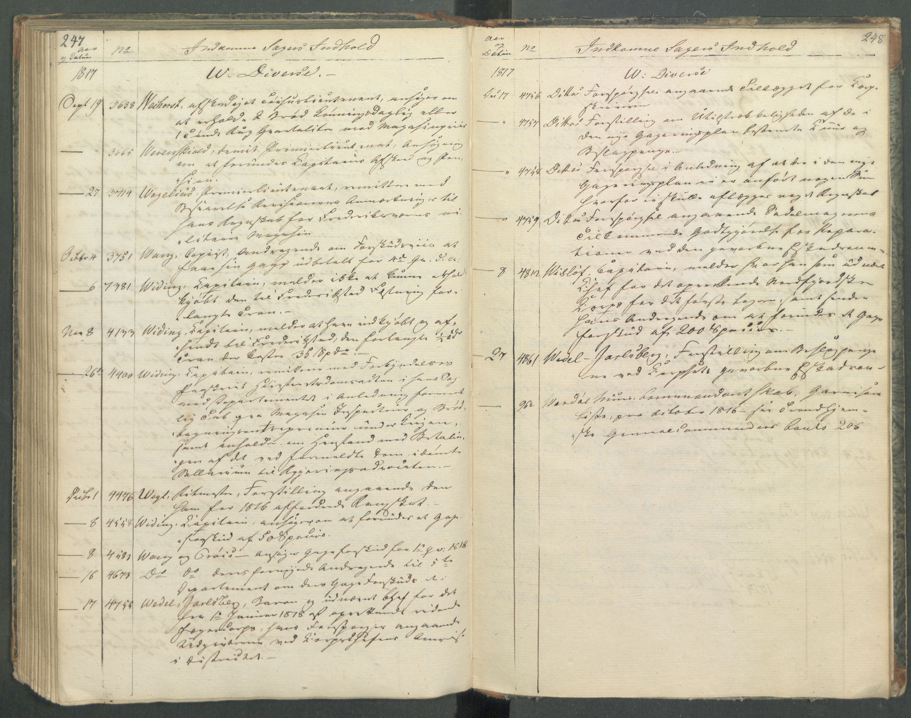 Armédepartementet, RA/RAFA-3493/C/Ca/L0013: 6. Departements register over innkomne saker, 1817, p. 247-248