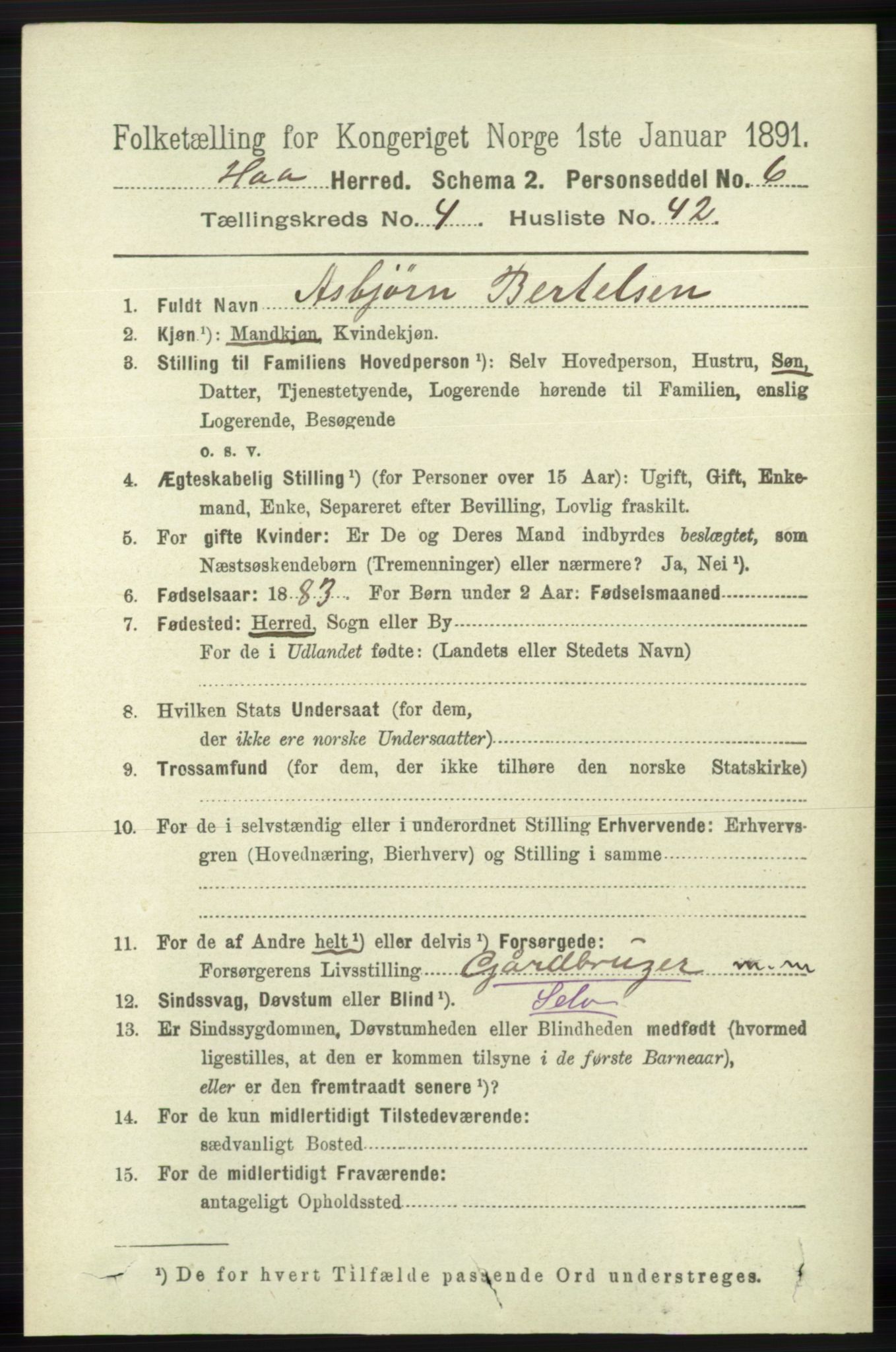 RA, 1891 census for 1119 Hå, 1891, p. 1276