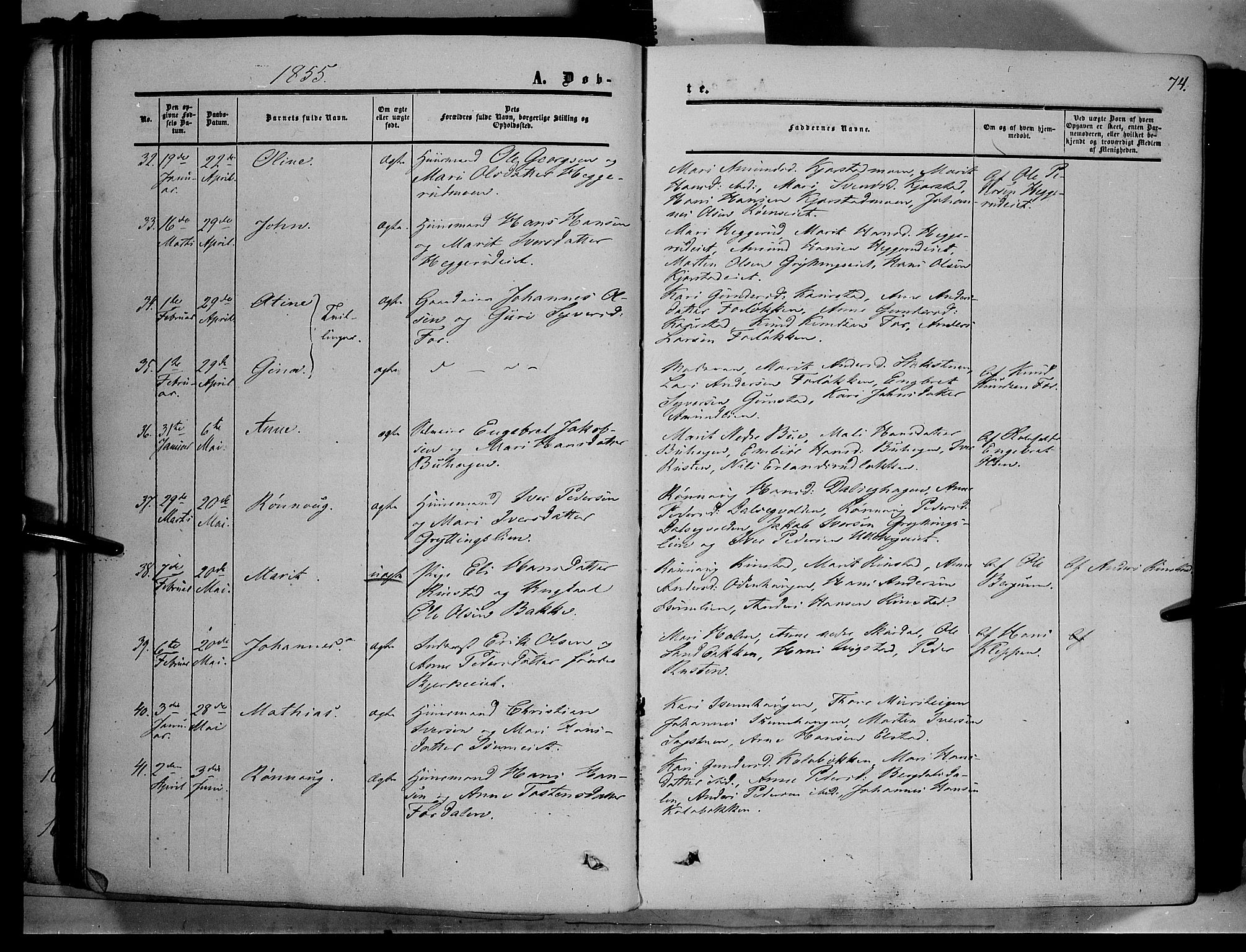 Sør-Fron prestekontor, AV/SAH-PREST-010/H/Ha/Haa/L0001: Parish register (official) no. 1, 1849-1863, p. 74