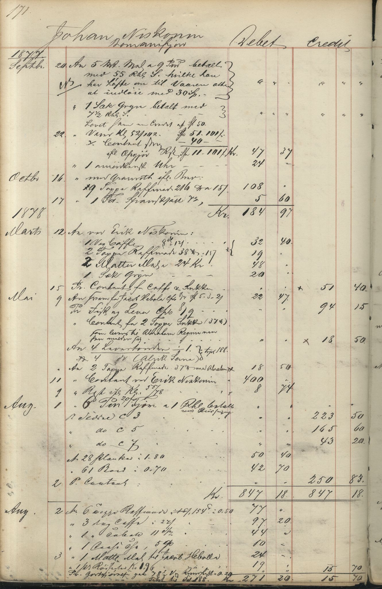 Brodtkorb handel A/S, VAMU/A-0001/F/Fc/L0001/0001: Konto for kvener og nordmenn på Kolahalvøya  / Conto for Kvæner og Nordmænd paa Russefinmarken No 1, 1868-1894, p. 171