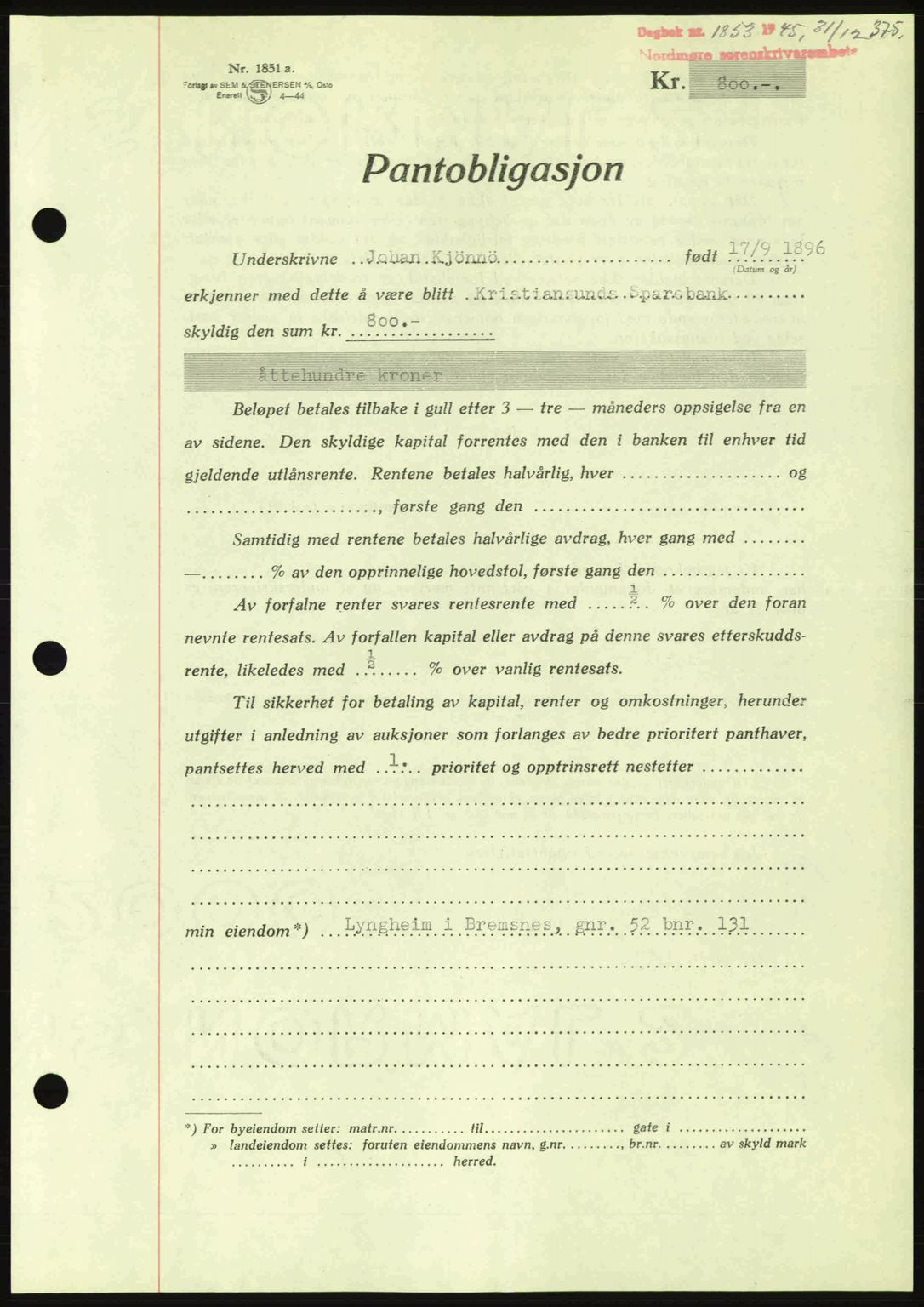 Nordmøre sorenskriveri, AV/SAT-A-4132/1/2/2Ca: Mortgage book no. B93a, 1945-1945, Diary no: : 1853/1945