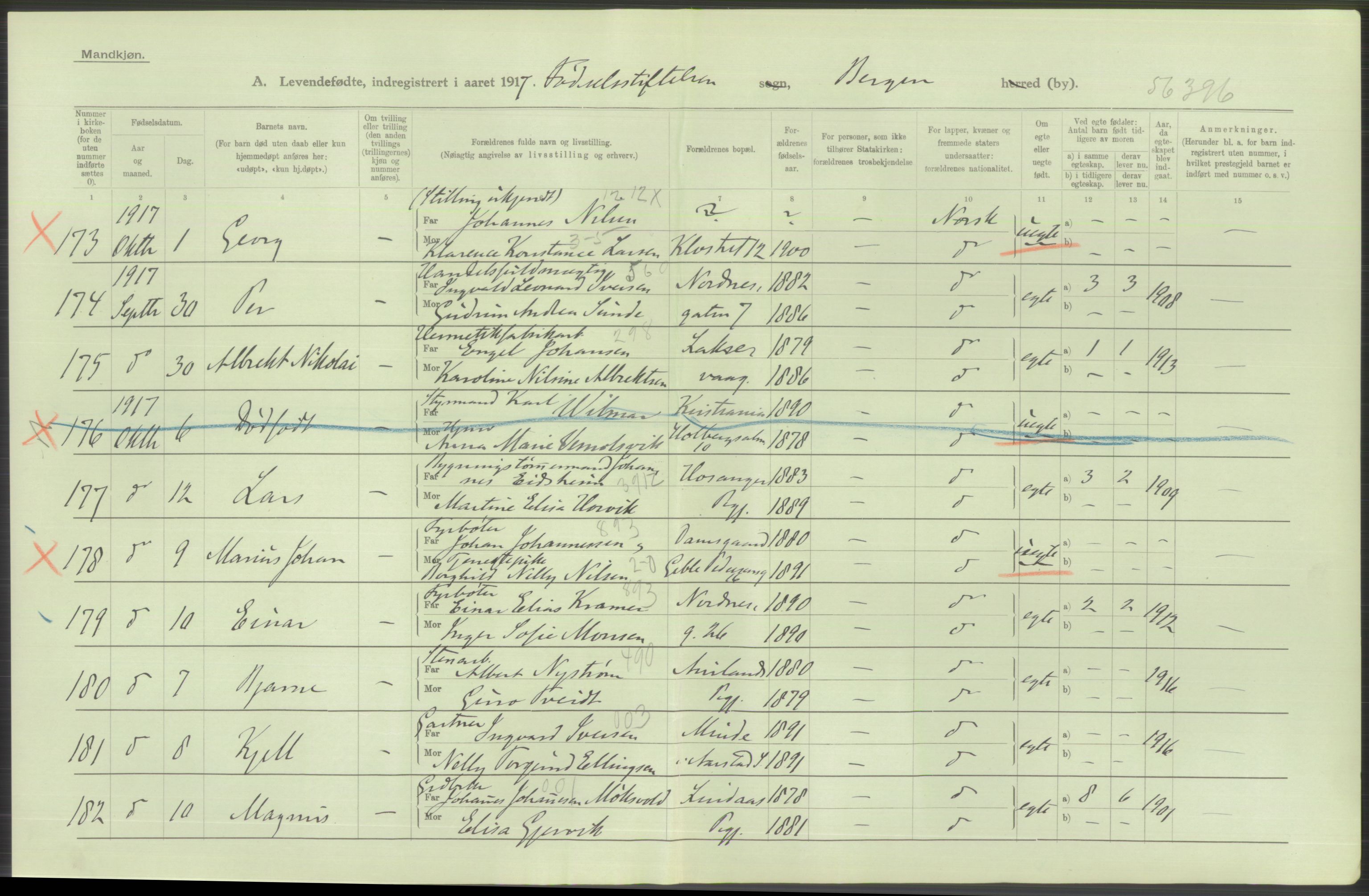 Statistisk sentralbyrå, Sosiodemografiske emner, Befolkning, AV/RA-S-2228/D/Df/Dfb/Dfbg/L0037: Bergen: Levendefødte menn og kvinner., 1917, p. 158