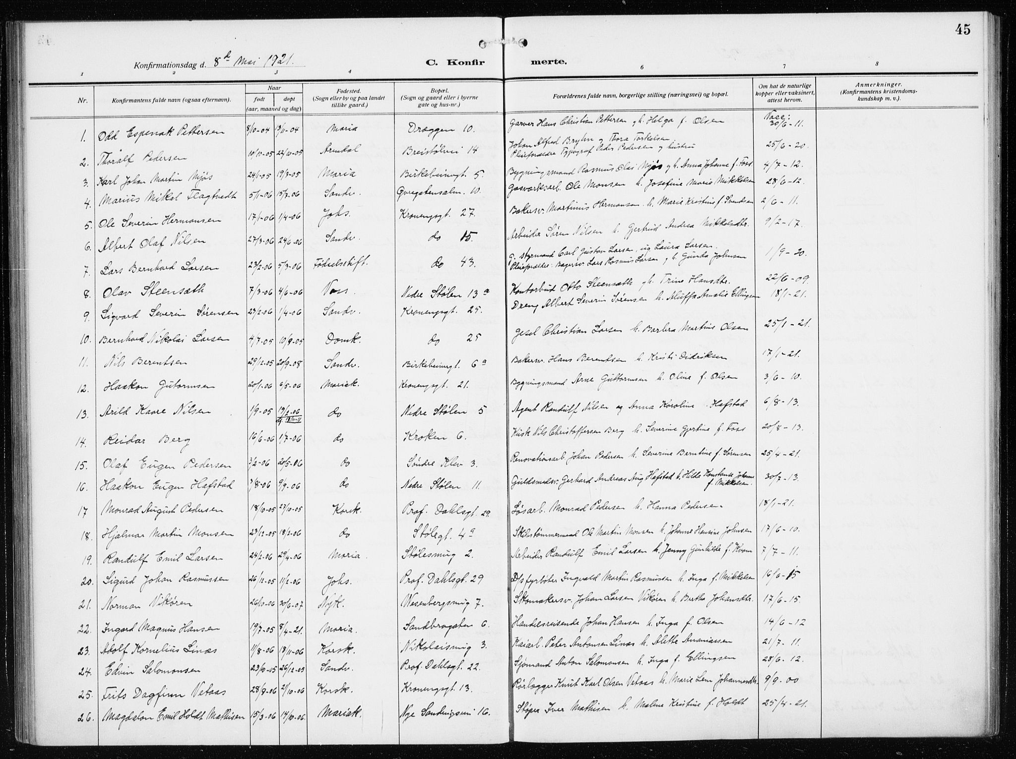 Mariakirken Sokneprestembete, SAB/A-76901/H/Haa/L0015: Parish register (official) no. C 3, 1913-1927, p. 45