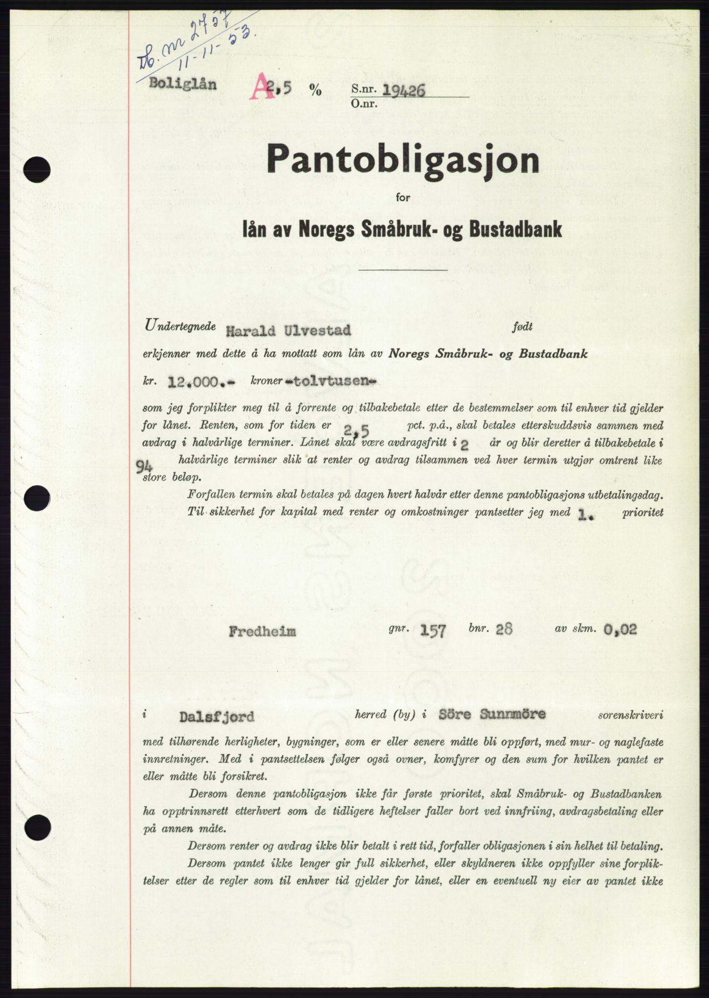 Søre Sunnmøre sorenskriveri, AV/SAT-A-4122/1/2/2C/L0124: Mortgage book no. 12B, 1953-1954, Diary no: : 2757/1953