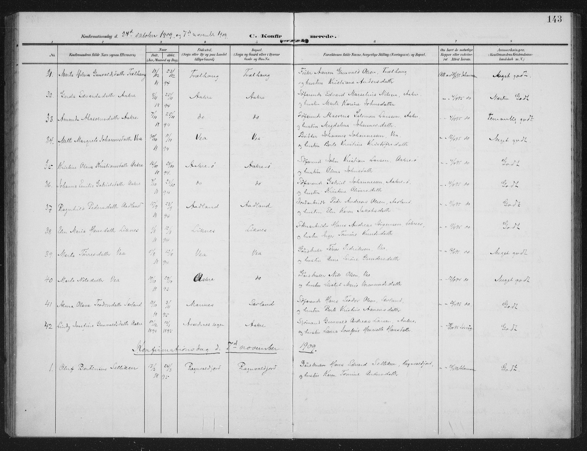 Kopervik sokneprestkontor, SAST/A-101850/H/Ha/Haa/L0005: Parish register (official) no. A 5, 1906-1924, p. 143